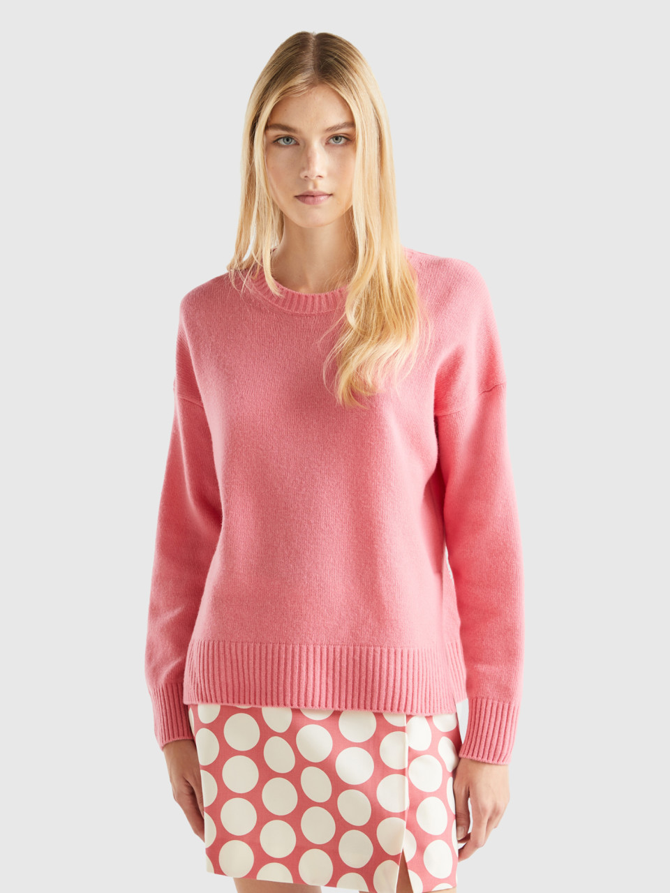 Benetton, Boxy Fit Sweater In Wool Blend, Pink, Women