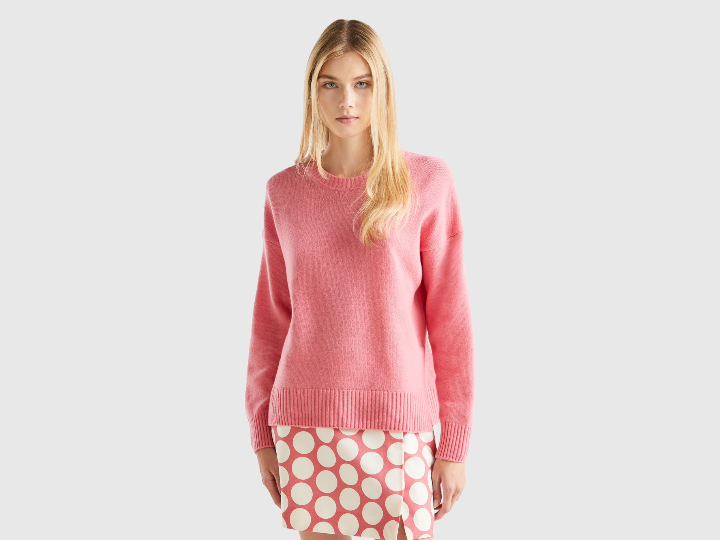 Benetton, Boxy Fit Sweater In Wool Blend, size L-XL, Pink, Women