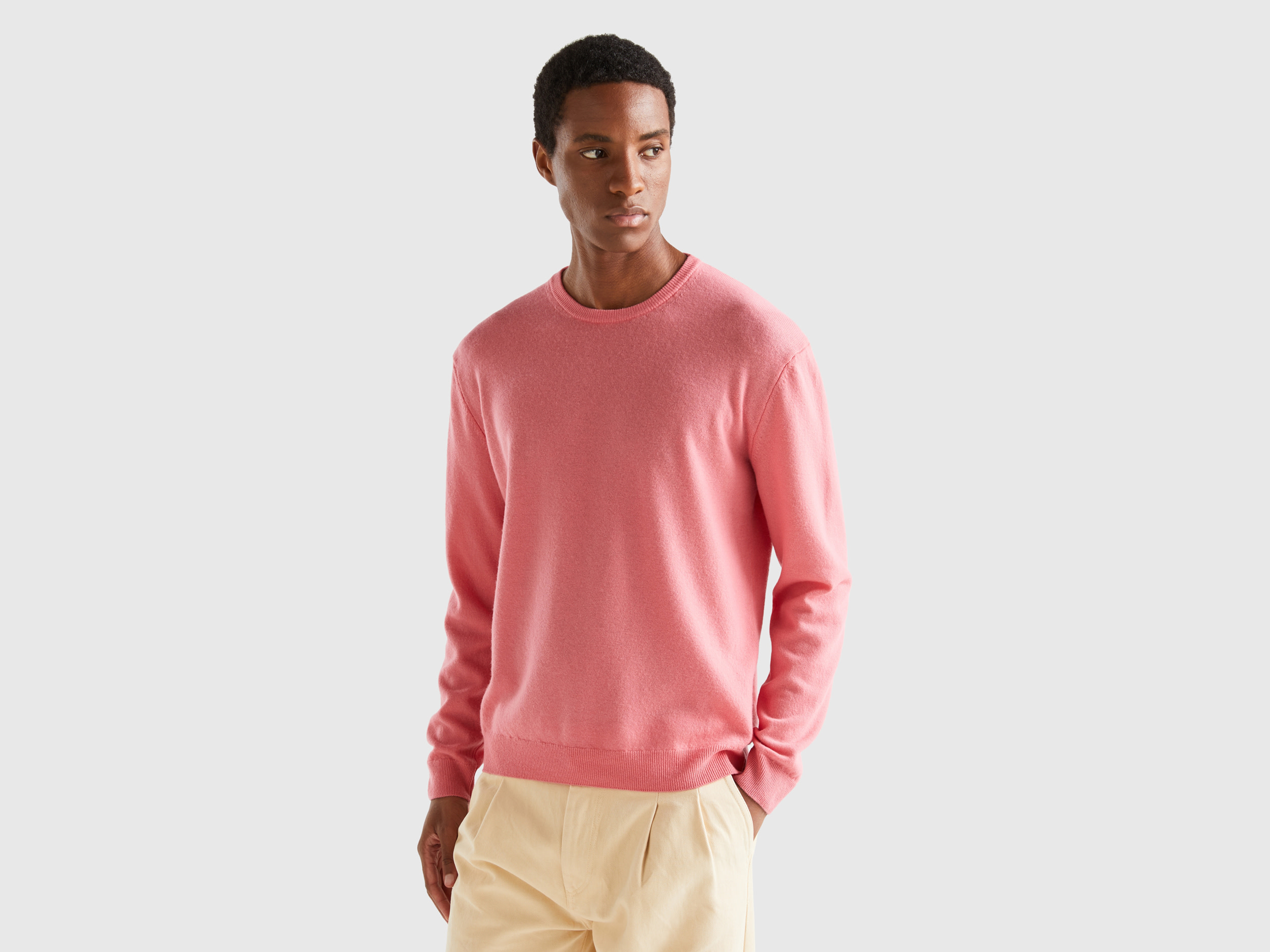 Benetton, Salmon Pink Crew Neck Sweater In Pure Merino Wool, size XXL, Salmon, Men