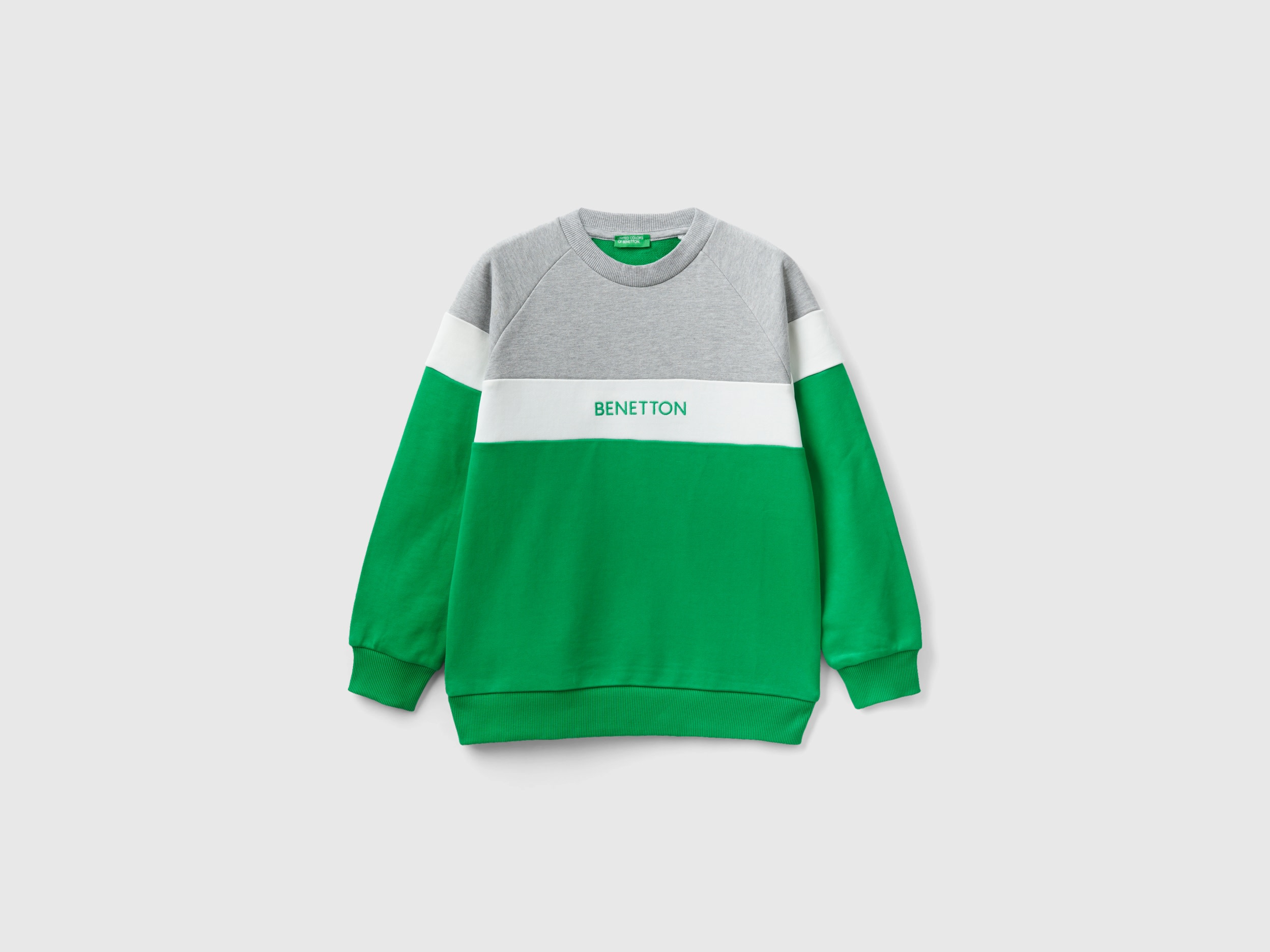 Benetton, Gray And Green Sweatshirt With Embroidered Logo, size S, Green, Kids