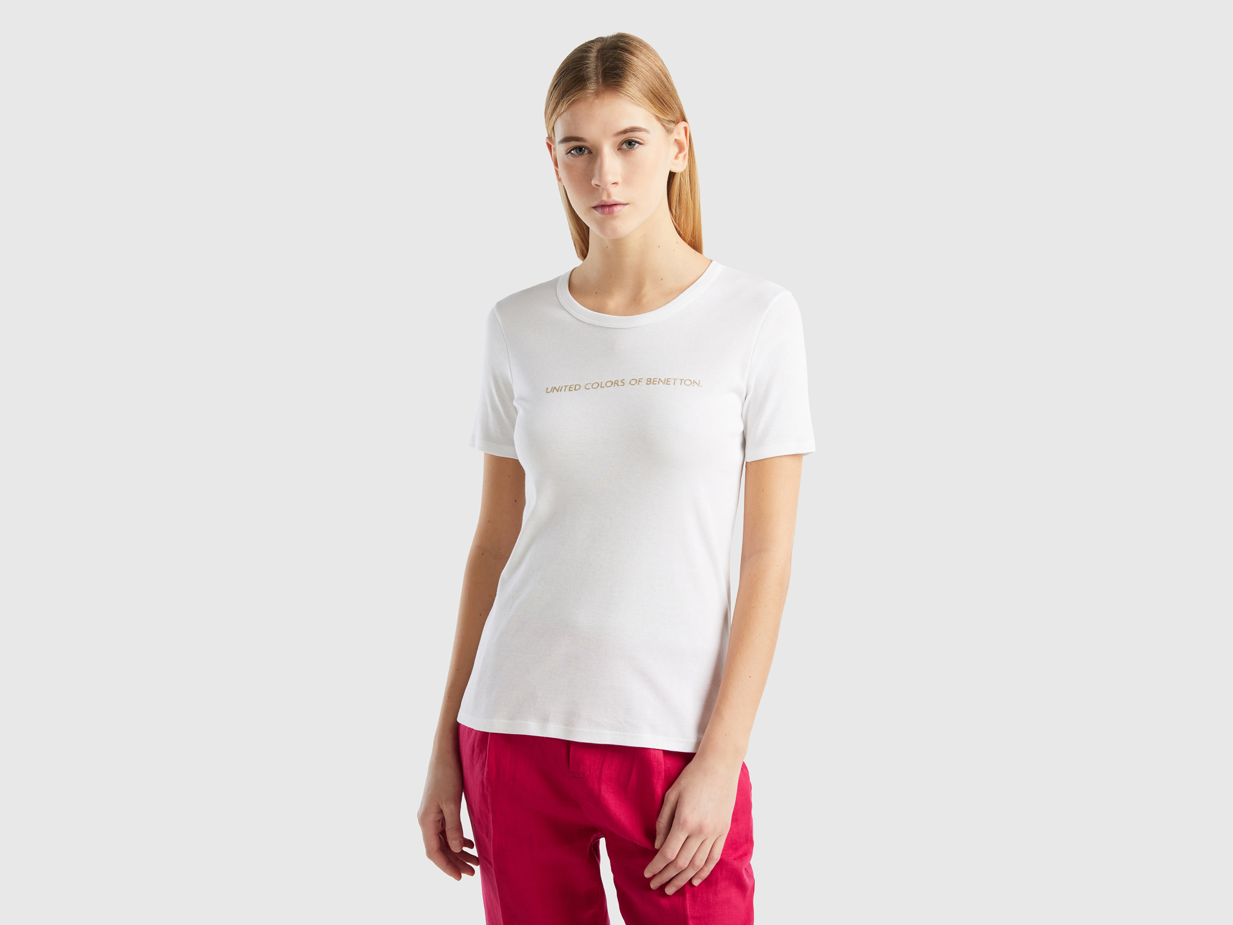 Benetton, T-shirt In 100% Cotton With Glitter Print Logo, size M, White, Women