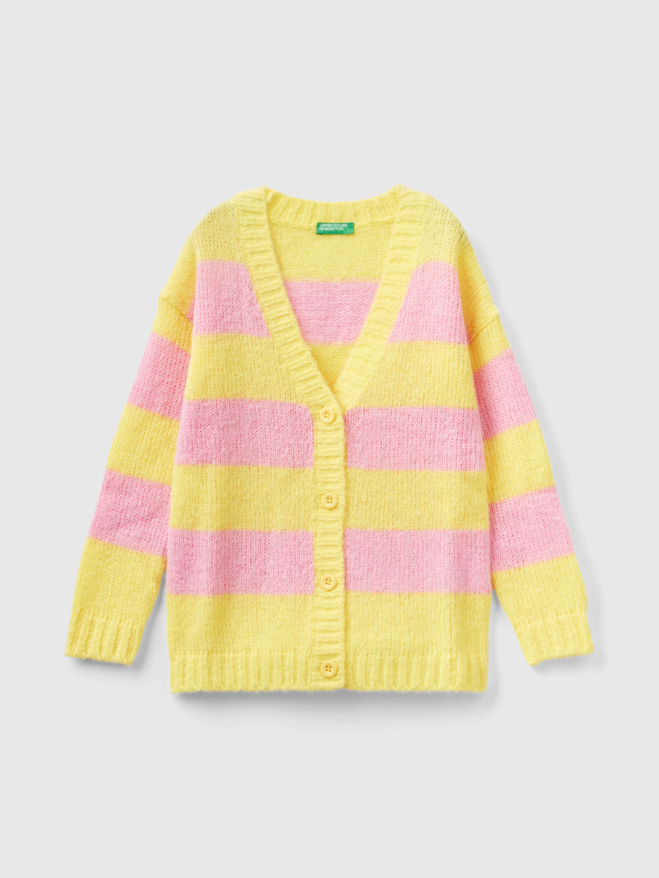 Benetton, Two-tone Striped Cardigan, Yellow, Kids