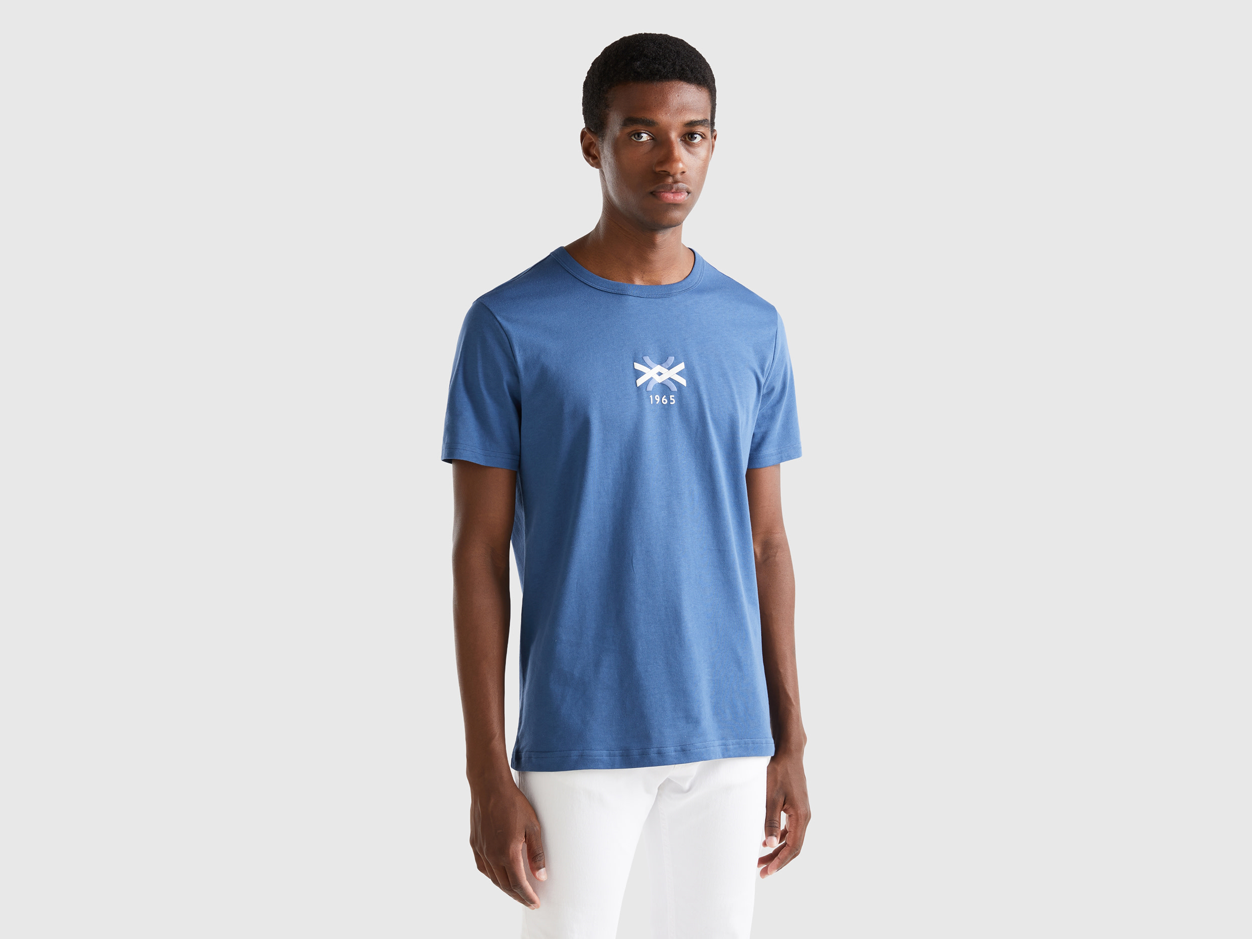 Benetton, Air Force Blue T-shirt In Organic Cotton With Logo Print, size M, Air Force Blue, Men