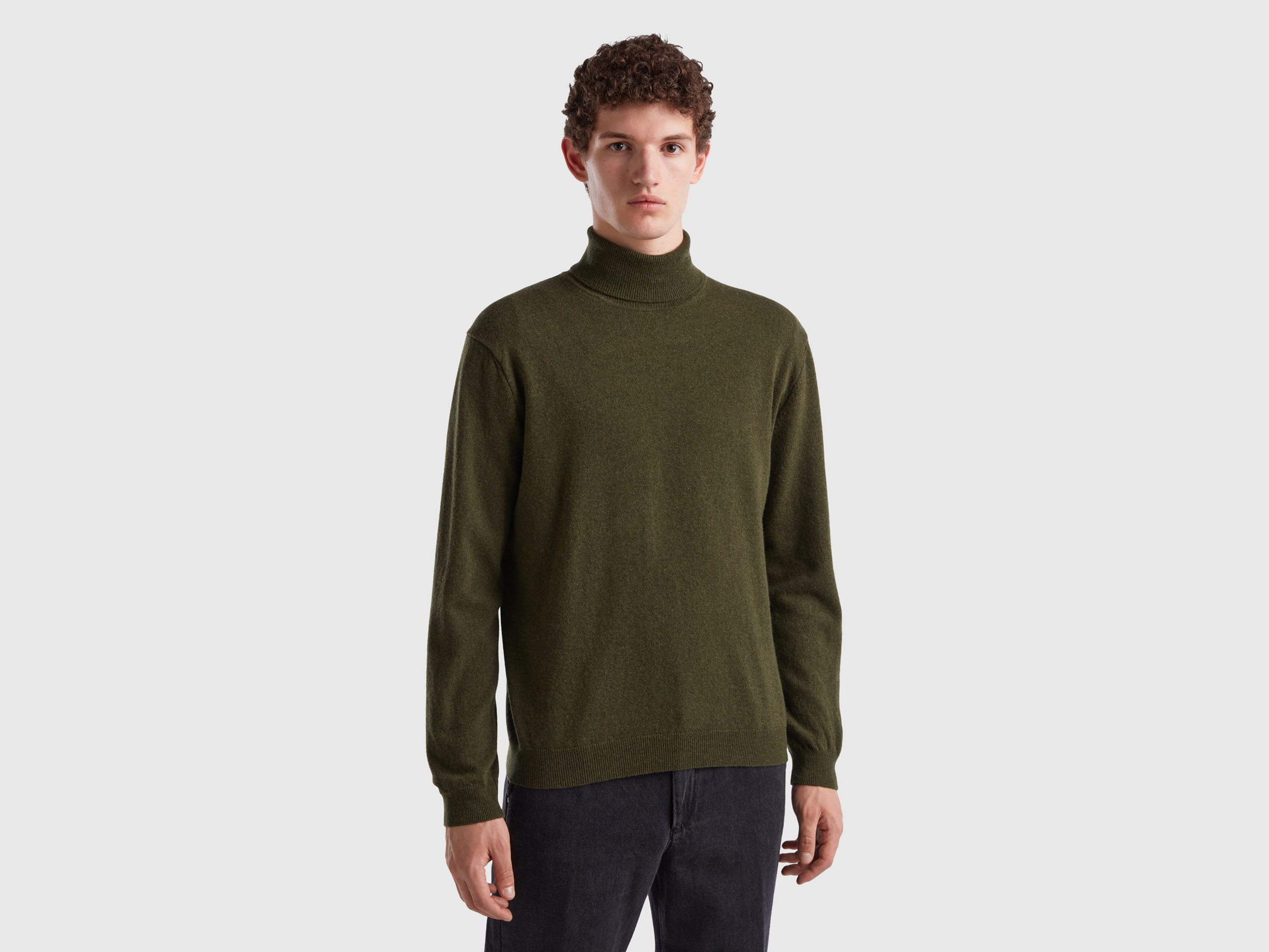 Benetton, Military Green Turtleneck In Pure Merino Wool, size XXL, Military Green, Men