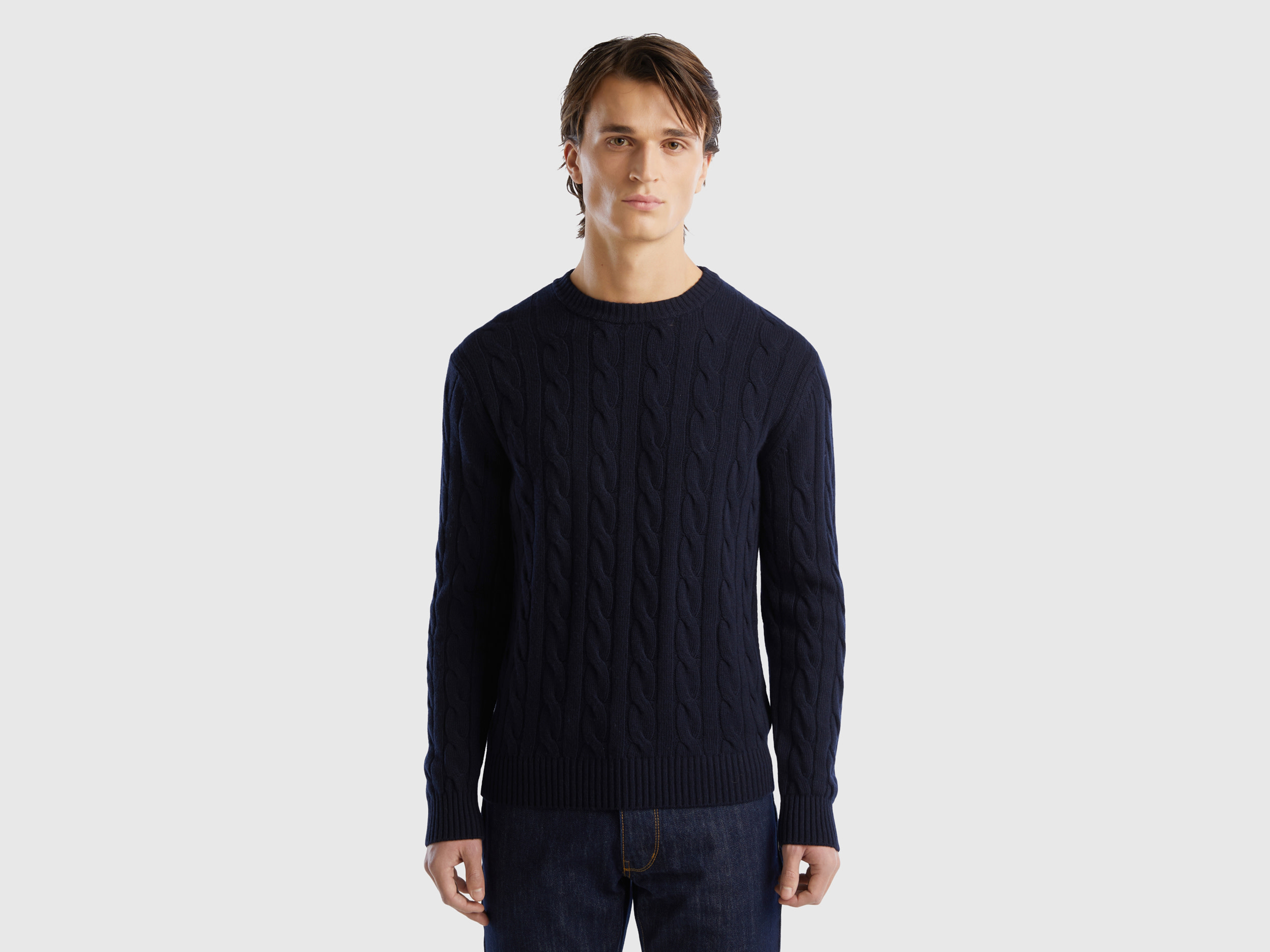 Benetton, Cable Knit Sweater In Cashmere Blend, size XL, Dark Blue, Men