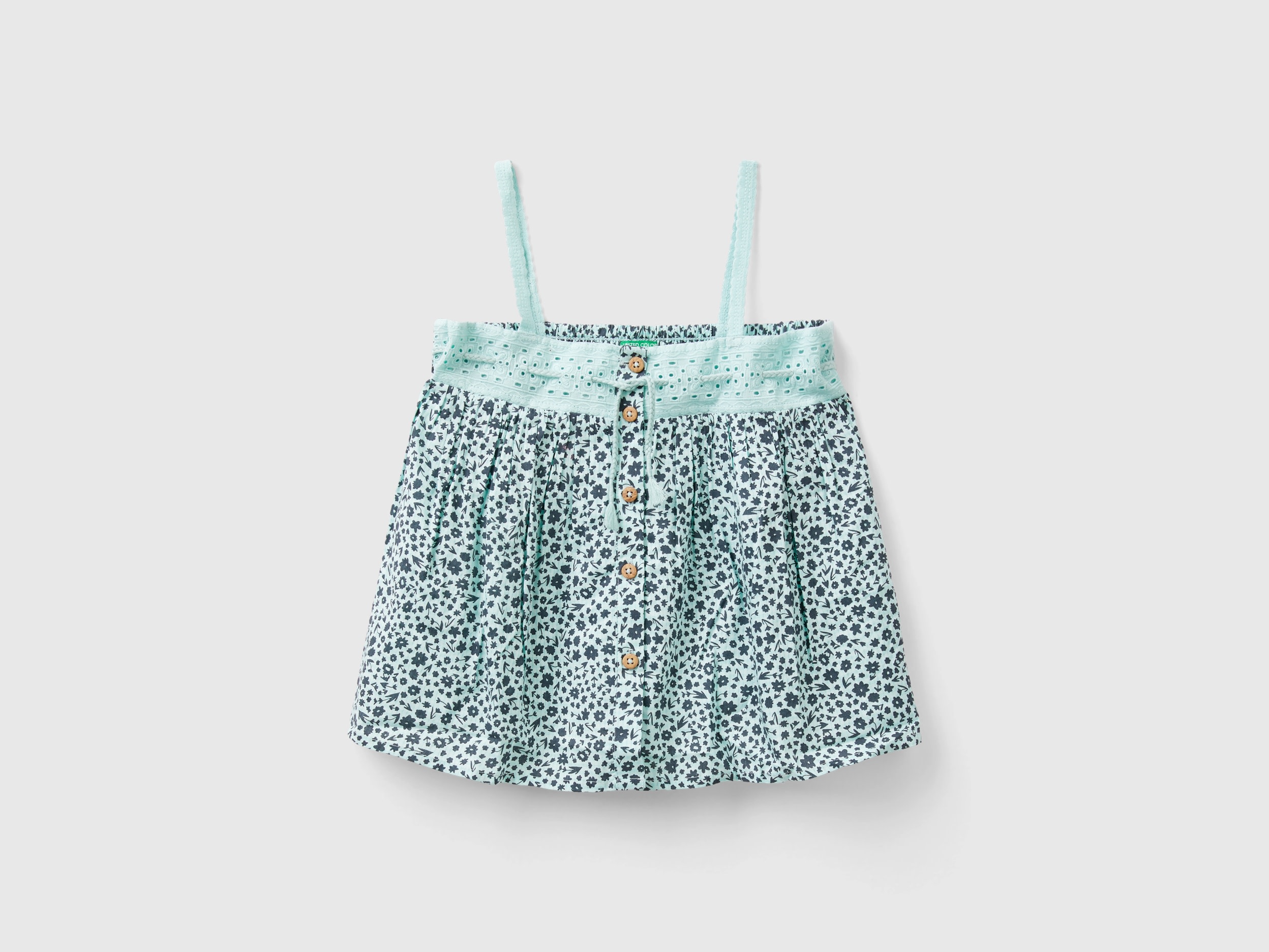 Benetton, Blusa Con Stampa Fiori, Verde Acqua, Bambini