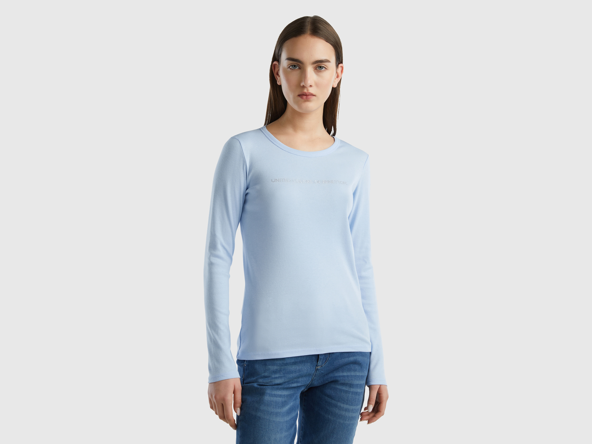 Benetton, Light Blue 100% Cotton Long Sleeve T-shirt, size XL, Sky Blue, Women