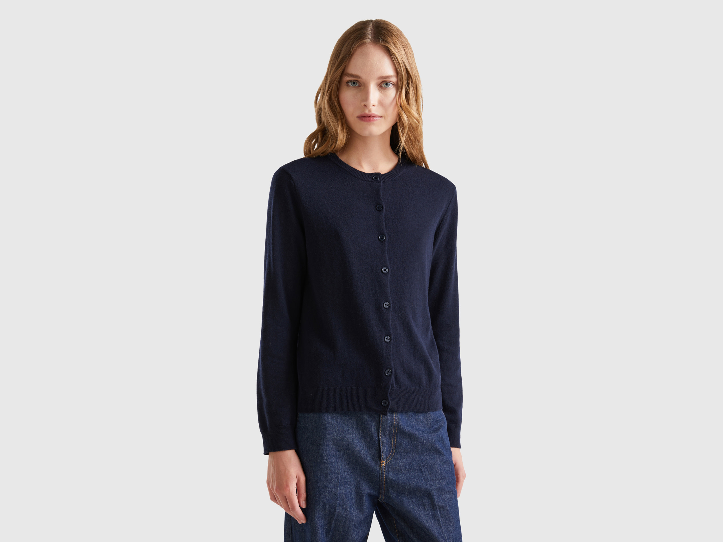 Benetton, Dark Blue Cardigan In Cashmere And Wool Blend, size M, Dark Blue, Women