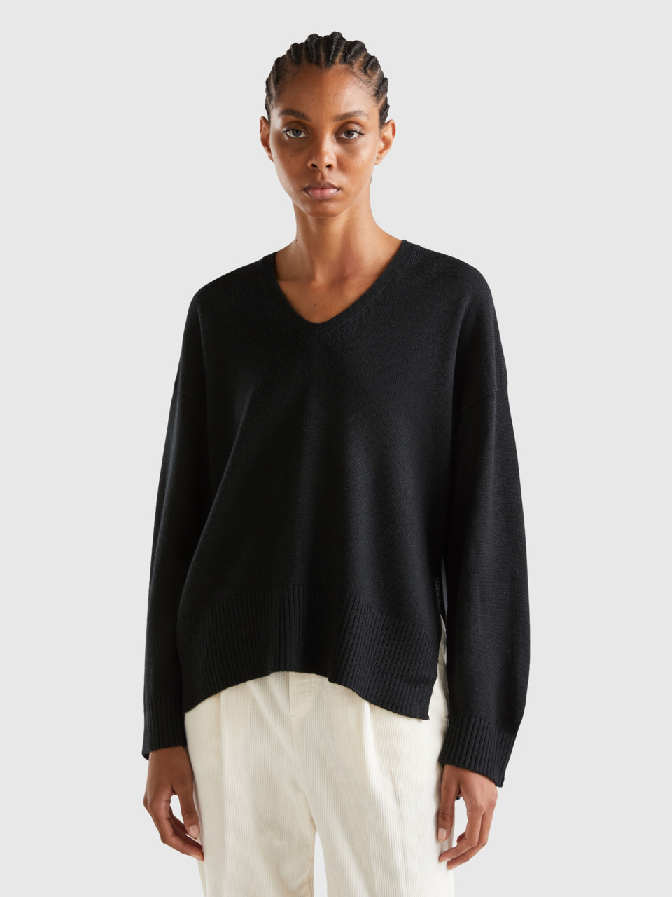 Benetton, Oversized Fit V-neck Sweater, Black, Women