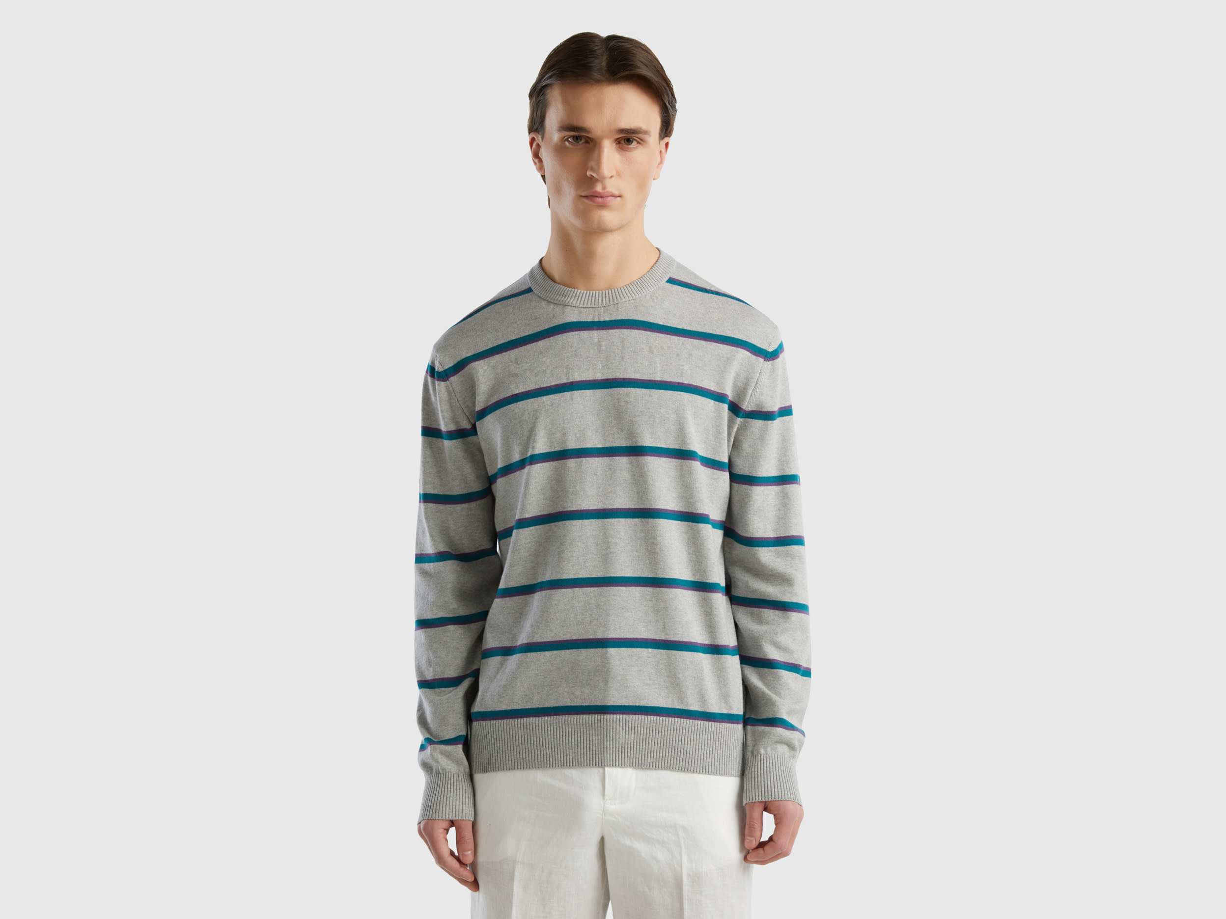 Benetton, Striped 100% Cotton Sweater, size S, Light Gray, Men