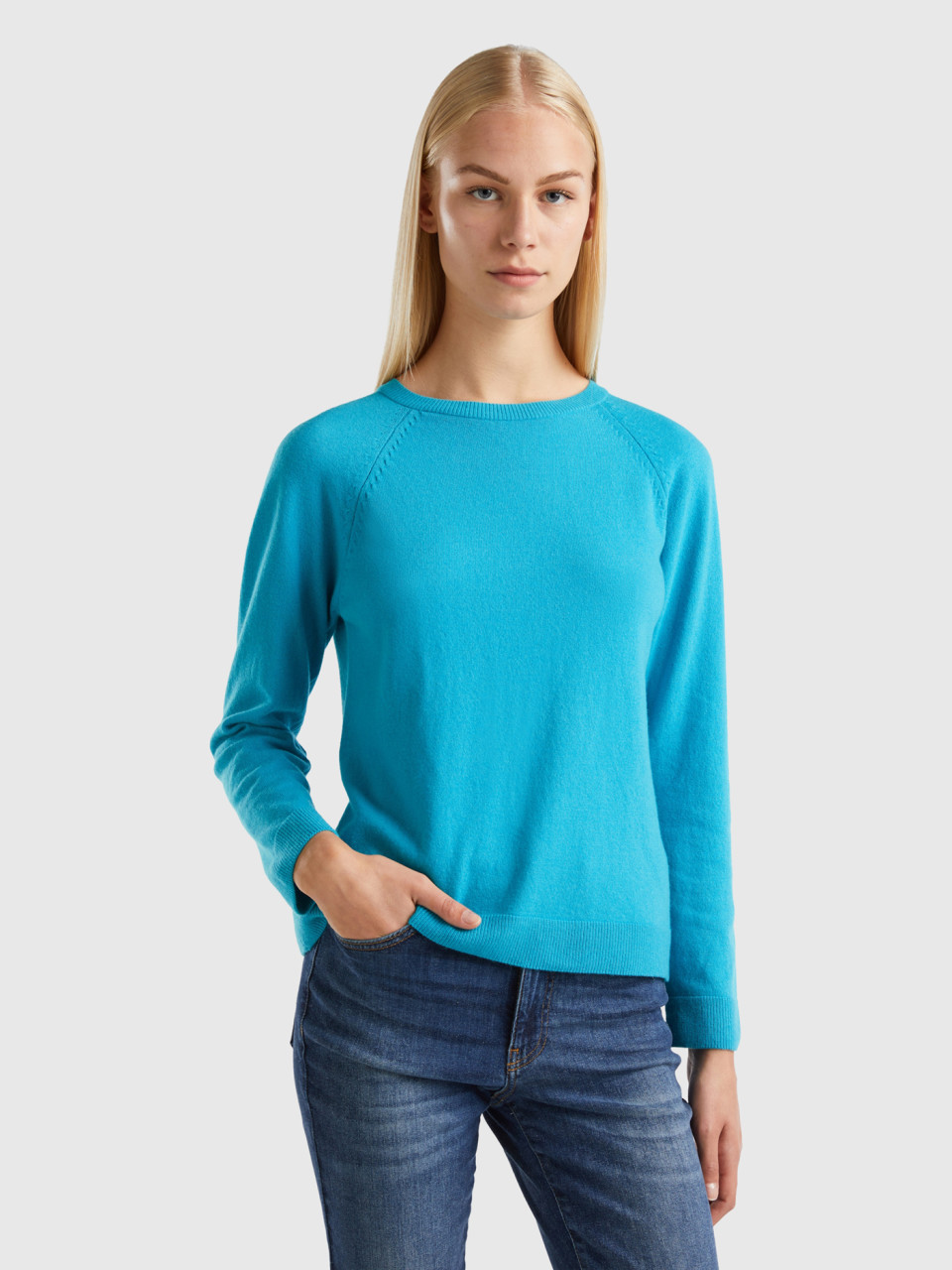 Benetton, Light Blue Crew Neck Sweater In Cashmere And Wool Blend, Light Blue, Women