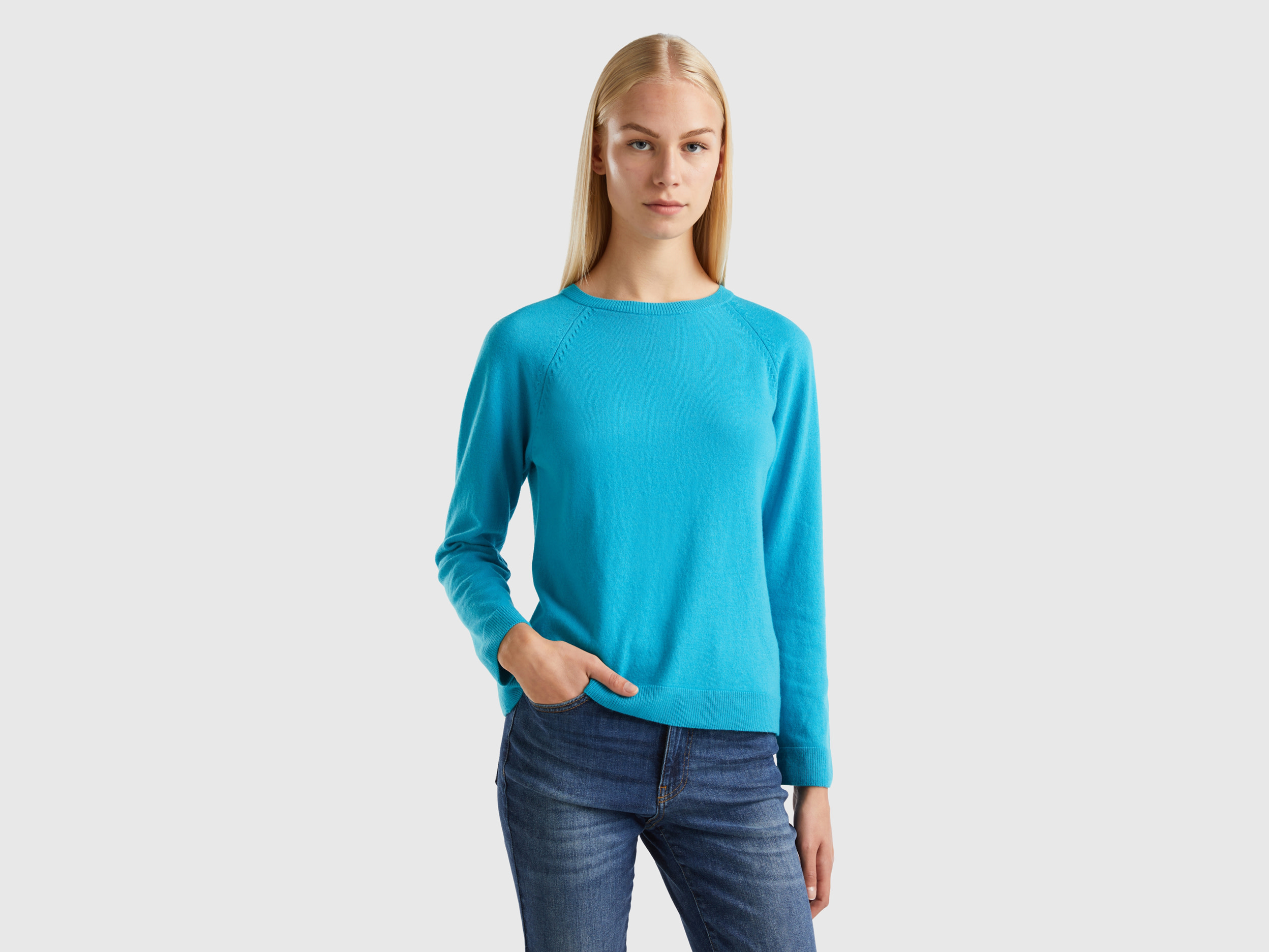 Benetton, Light Blue Crew Neck Sweater In Cashmere And Wool Blend, size XS, Light Blue, Women