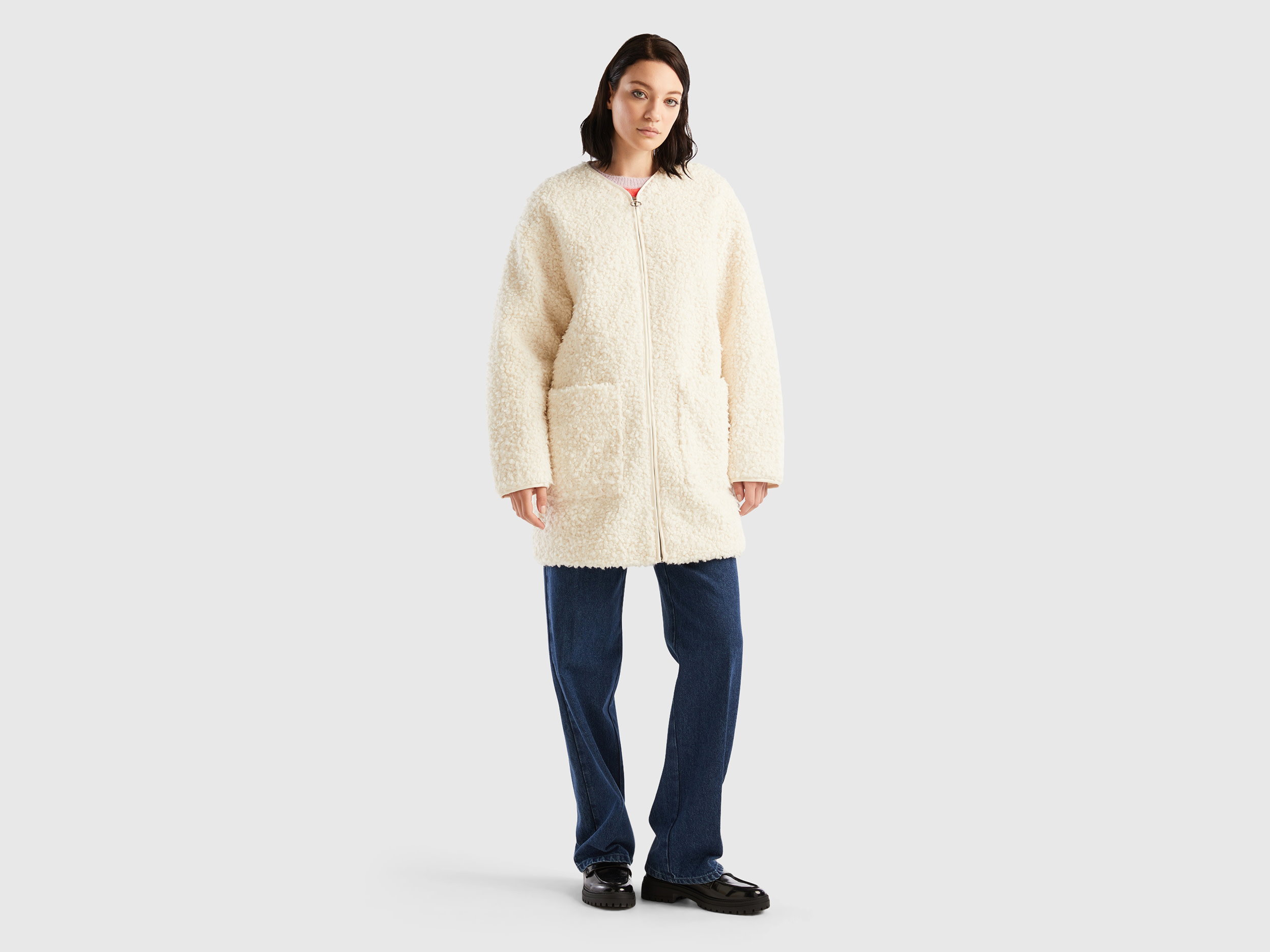 Benetton, Faux Fur Teddy Coat, size M, Creamy White, Women