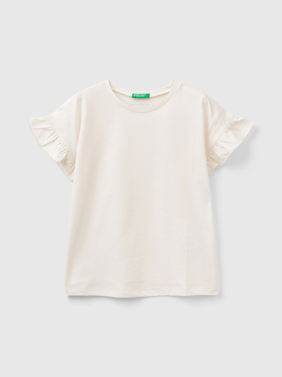 Benetton, T-shirt À Manches Courtes Ruchées, Crème, Enfants