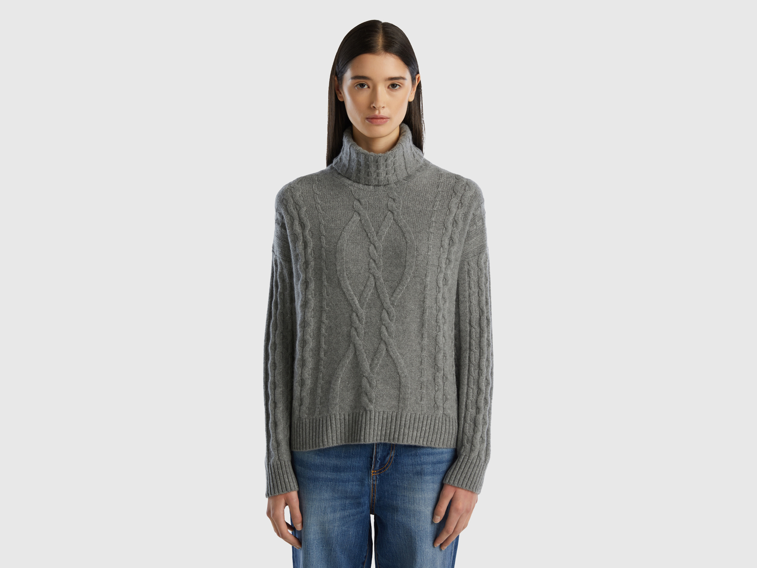 Benetton, Pure Cashmere Turtleneck With Cable Knit, size L, Dark Gray, Women