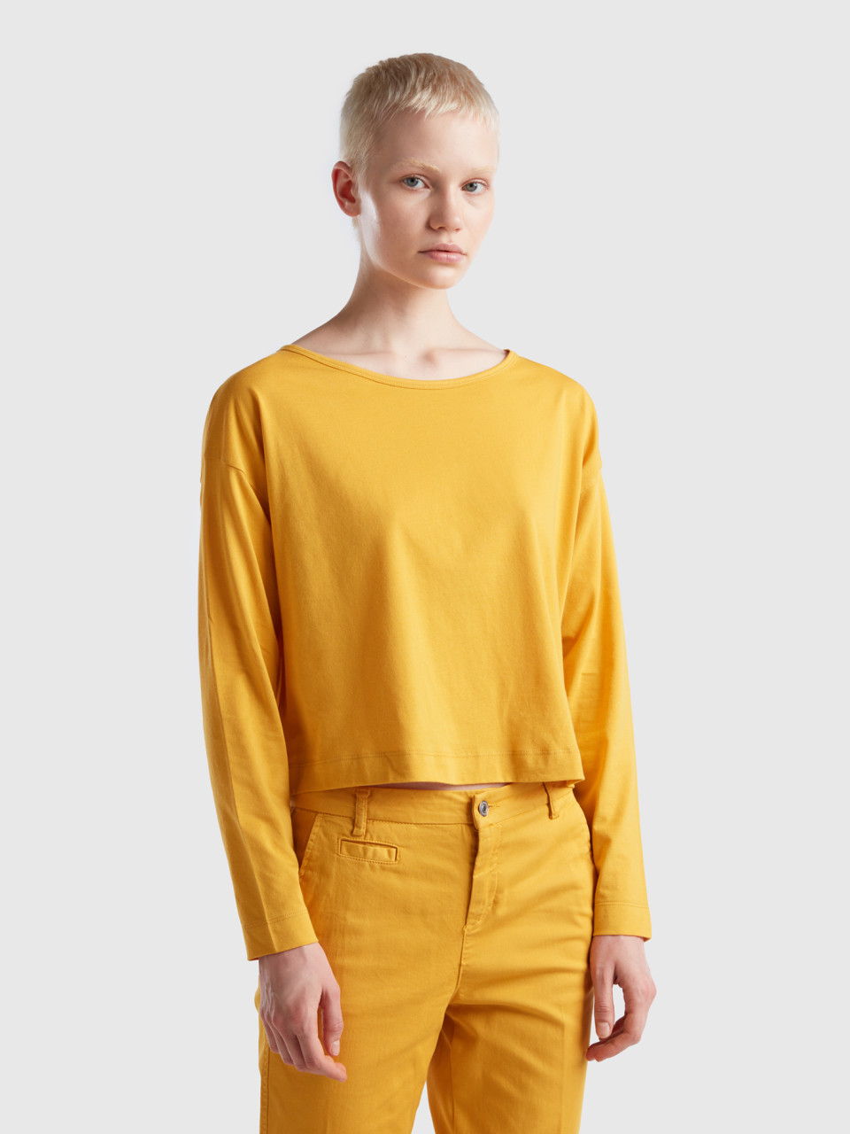 Benetton, Yellow Ochre Long Fiber Cotton T-shirt, Yellow, Women