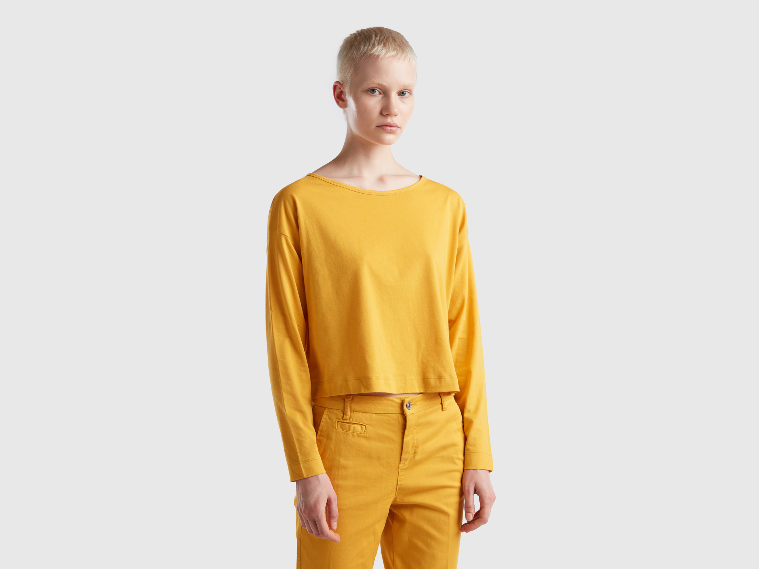 Benetton, Yellow Ochre Long Fiber Cotton T-shirt, size S, Yellow, Women