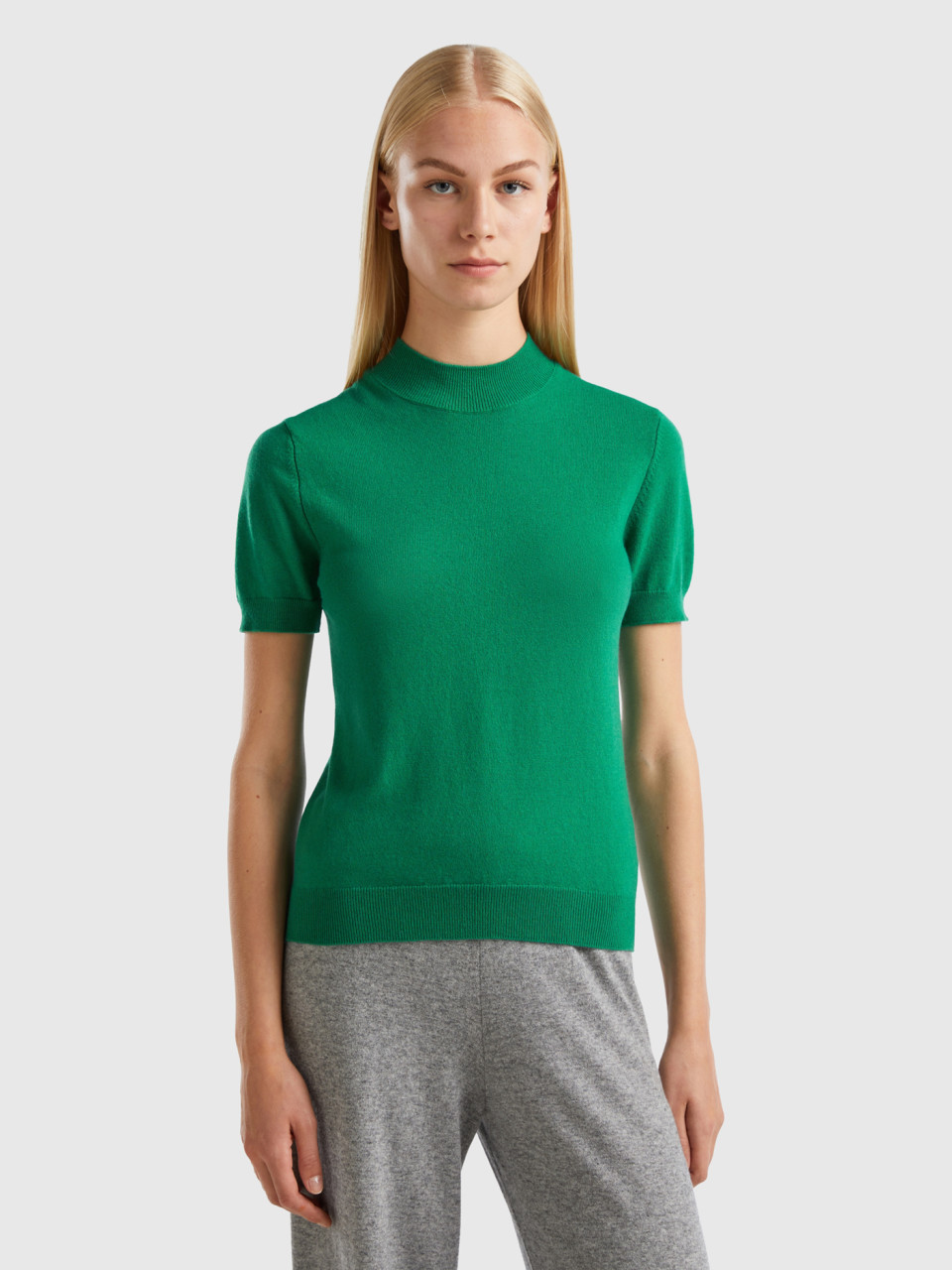 Benetton, Forest Green Short Sleeve Sweater In Cashmere Blend, Green, Women