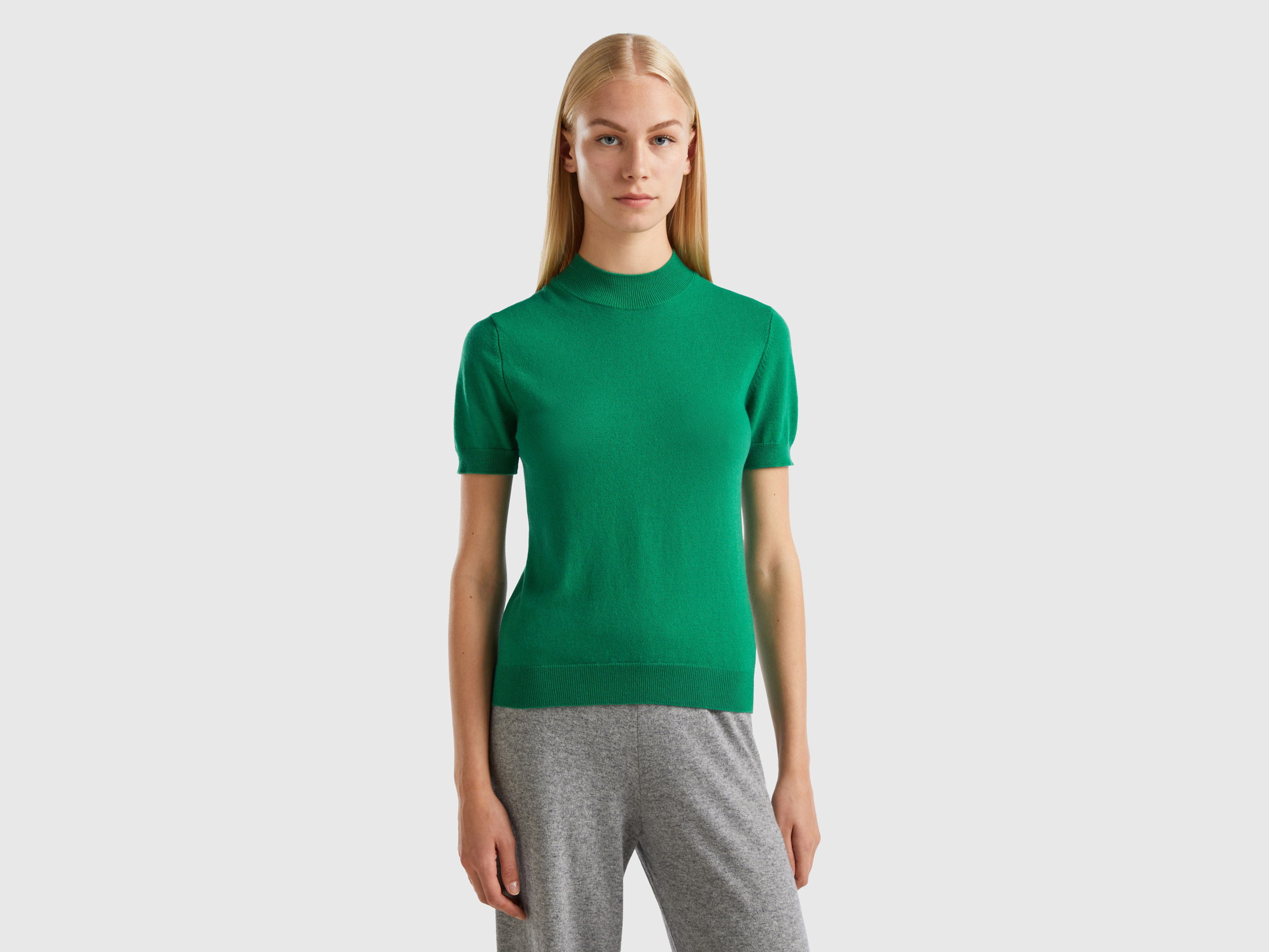 Benetton, Forest Green Short Sleeve Sweater In Cashmere Blend, size L, Green, Women