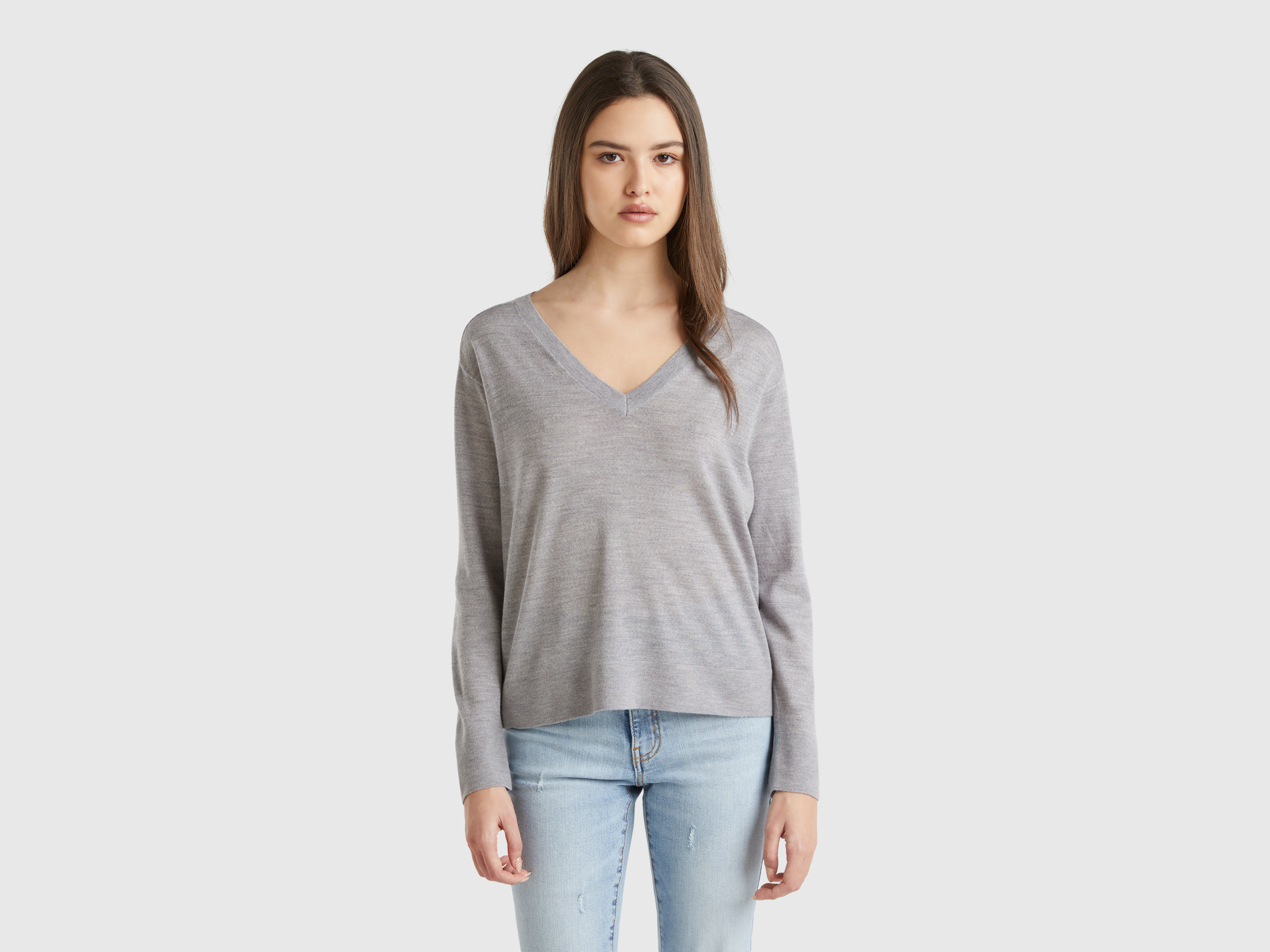 Benetton, Pull Col V En Pure Laine Mérinos, taille L, Gris Clair - United Colors of Benetton - Modalova