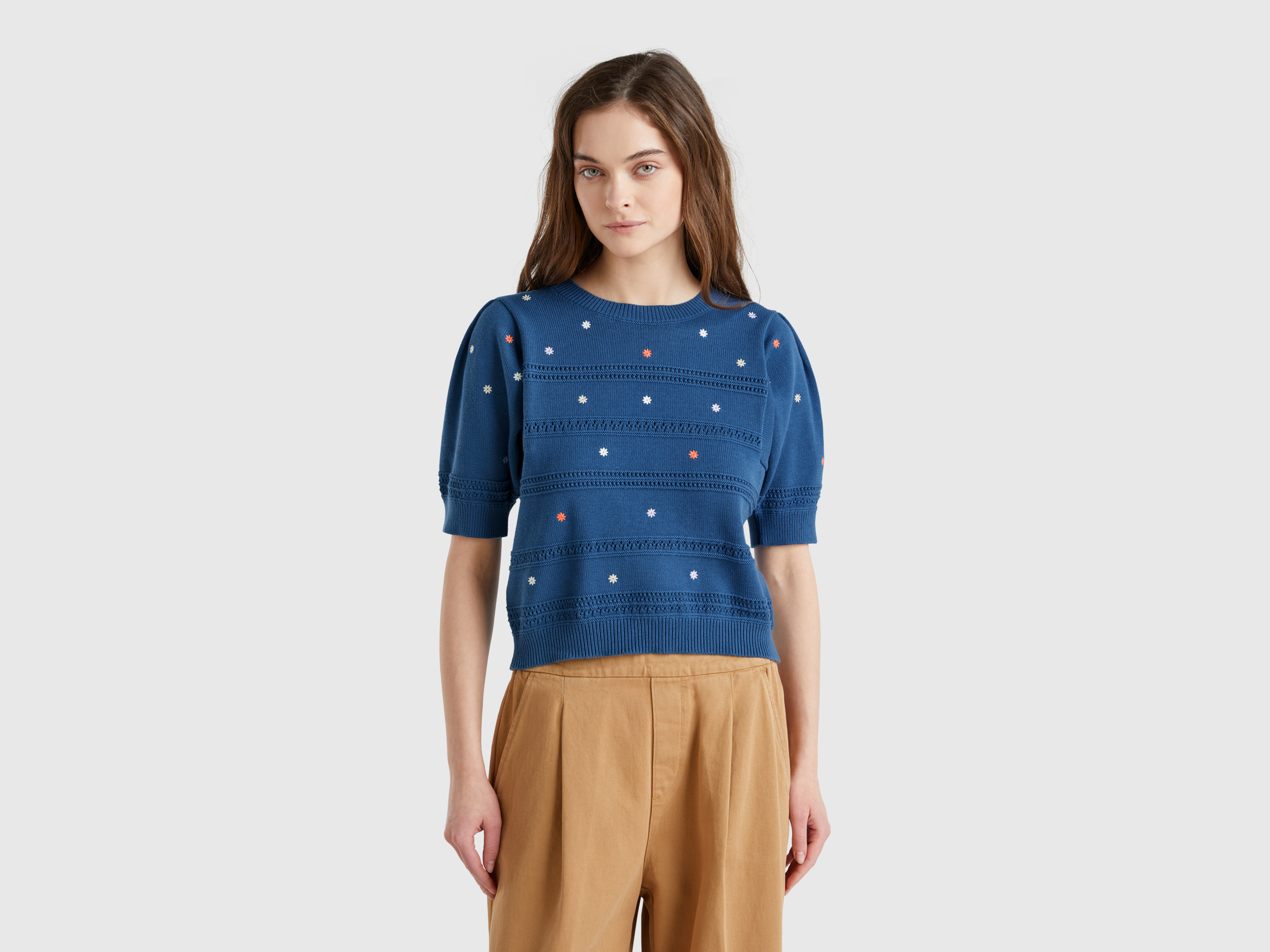 Benetton, Pull À Fleurs Brodées, taille L, Bleu Horizon - United Colors of Benetton - Modalova