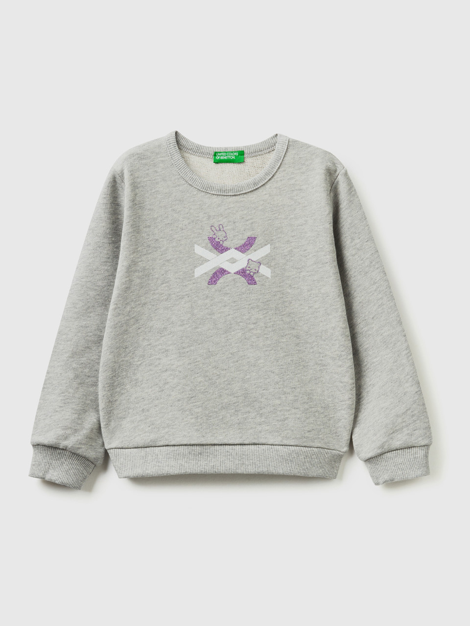 Benetton, Slub Gray Sweatshirt In Organic Cotton With Glittery Print, Light Gray, Kids