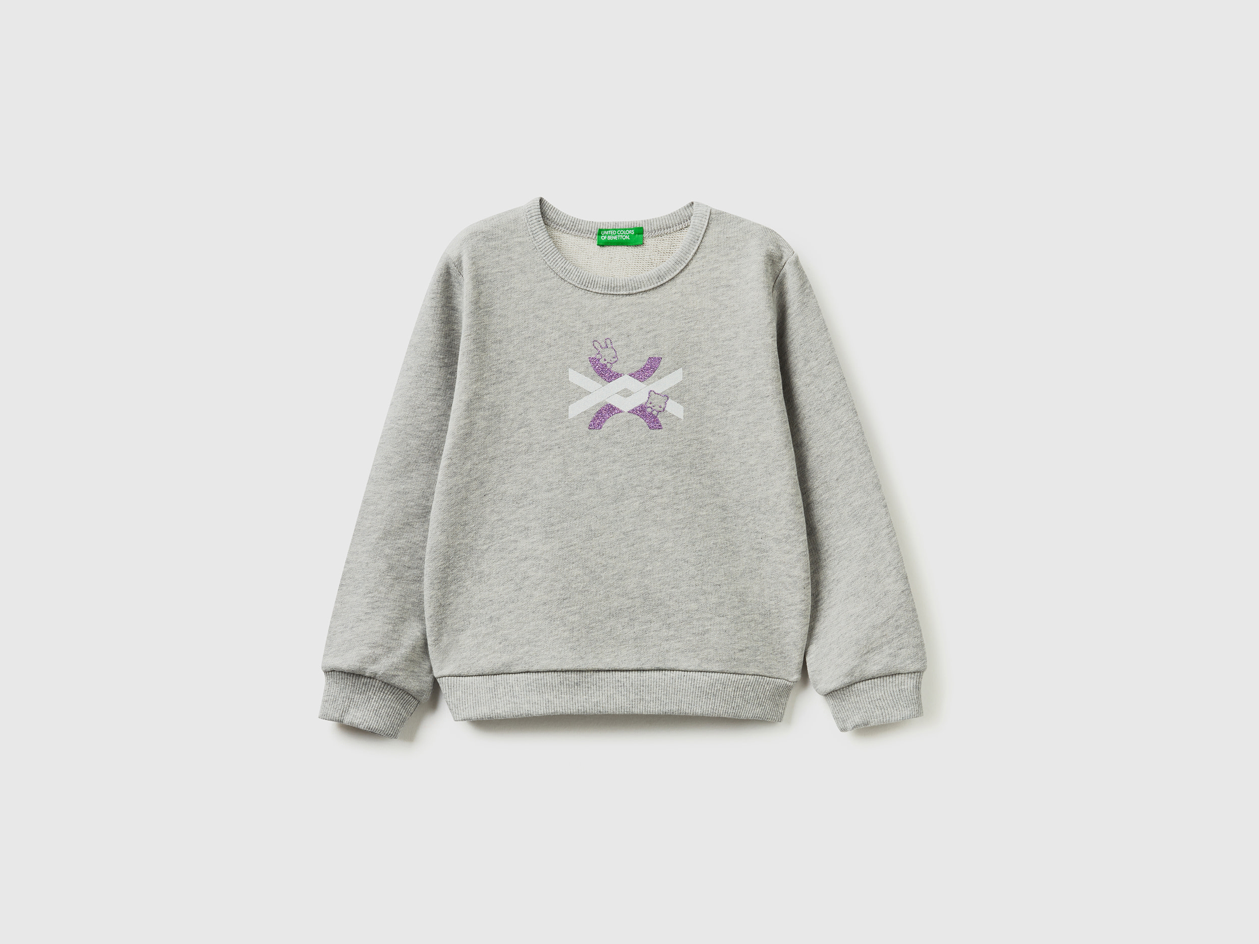 Benetton, Slub Gray Sweatshirt In Organic Cotton With Glittery Print, size 5-6, Light Gray, Kids