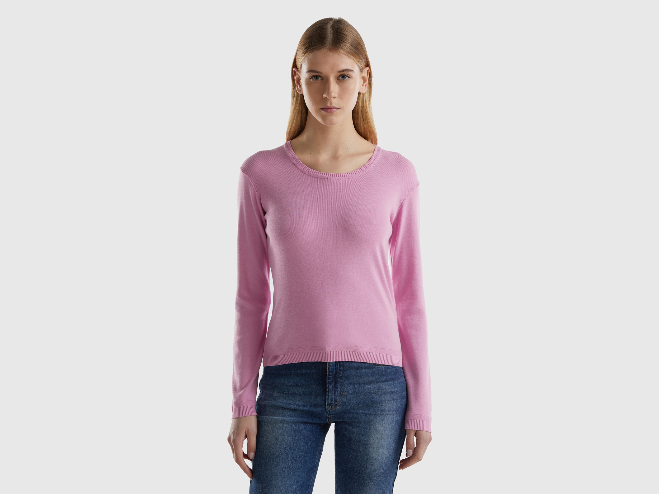 Benetton, Crew Neck Sweater In Pure Cotton, size XL, Pastel Pink, Women