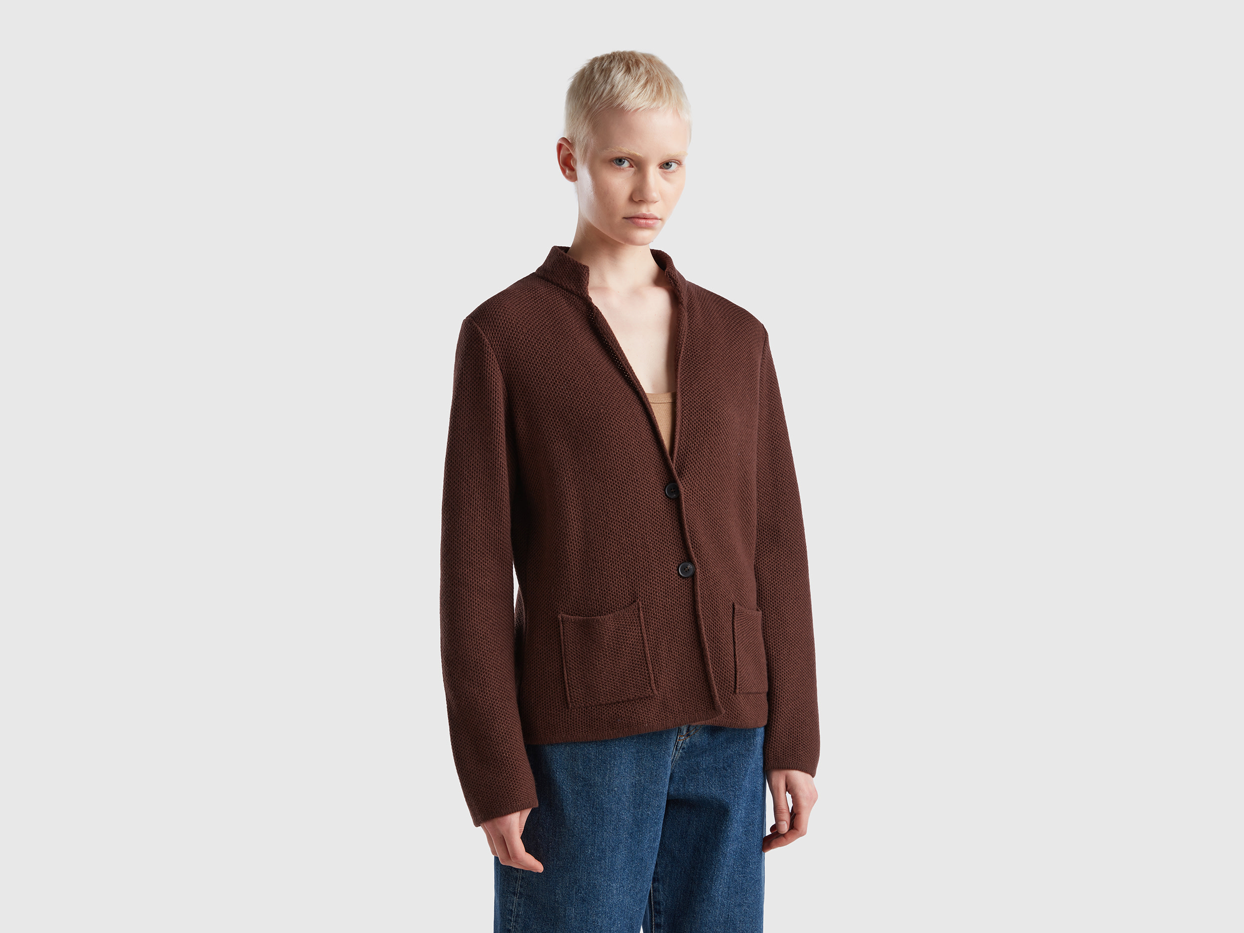 Benetton, Knit Jacket In Wool And Cashmere Blend, size XS, Dark Brown, Women