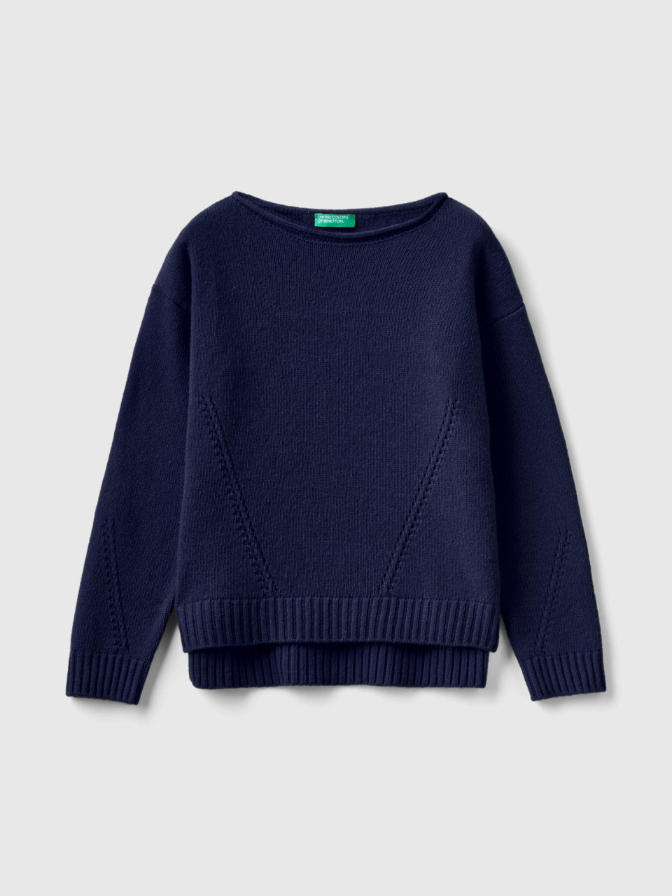 Benetton, Knit Sweater With Playful Stitching, Dark Blue, Kids