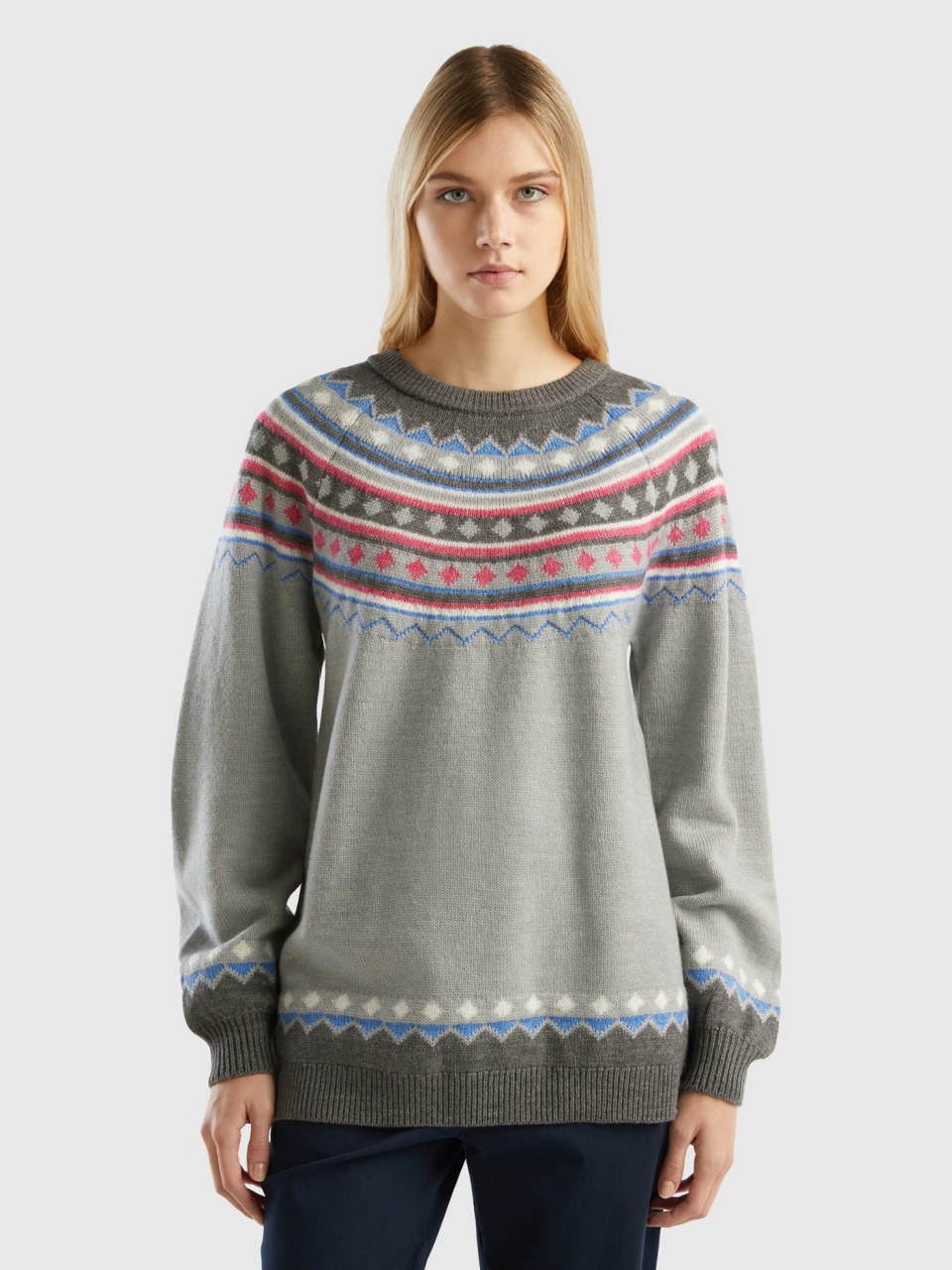 Benetton, Jacquard Sweater With Lurex, Dark Gray, Women