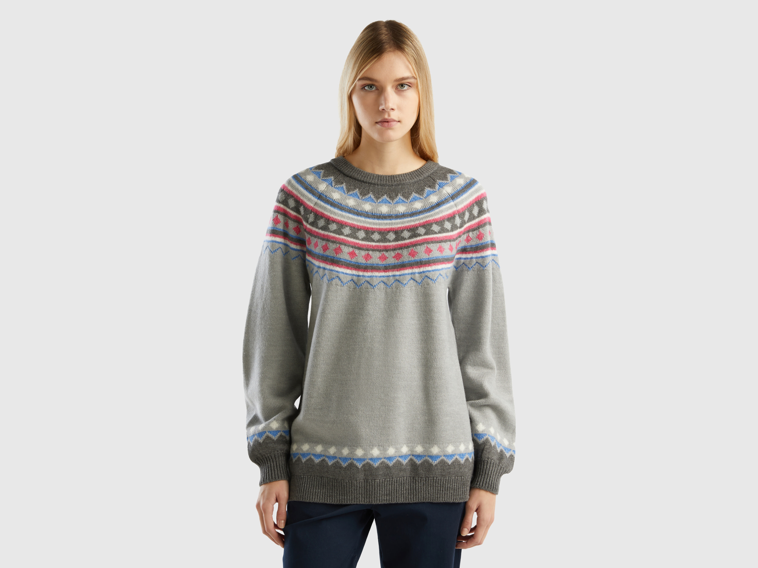 Benetton, Jacquard Sweater With Lurex, size M, Dark Gray, Women