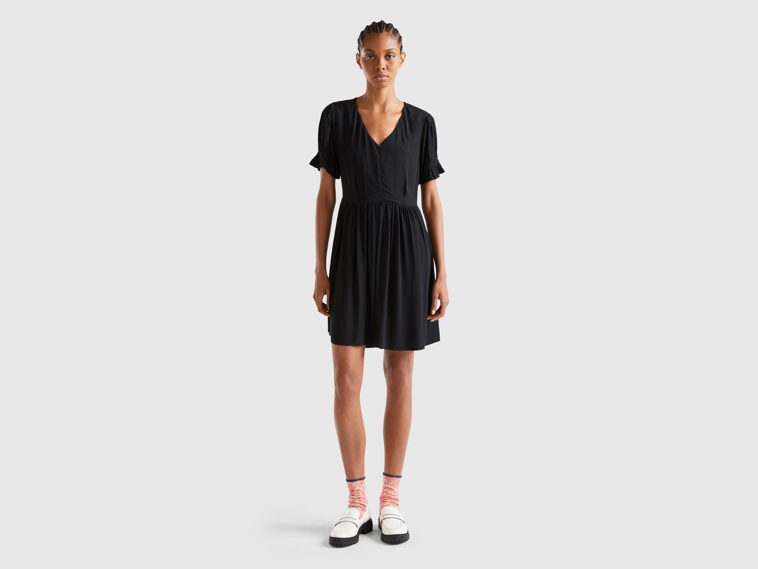 Benetton, Short Dress In Flowy Viscose, size M, Black, Women