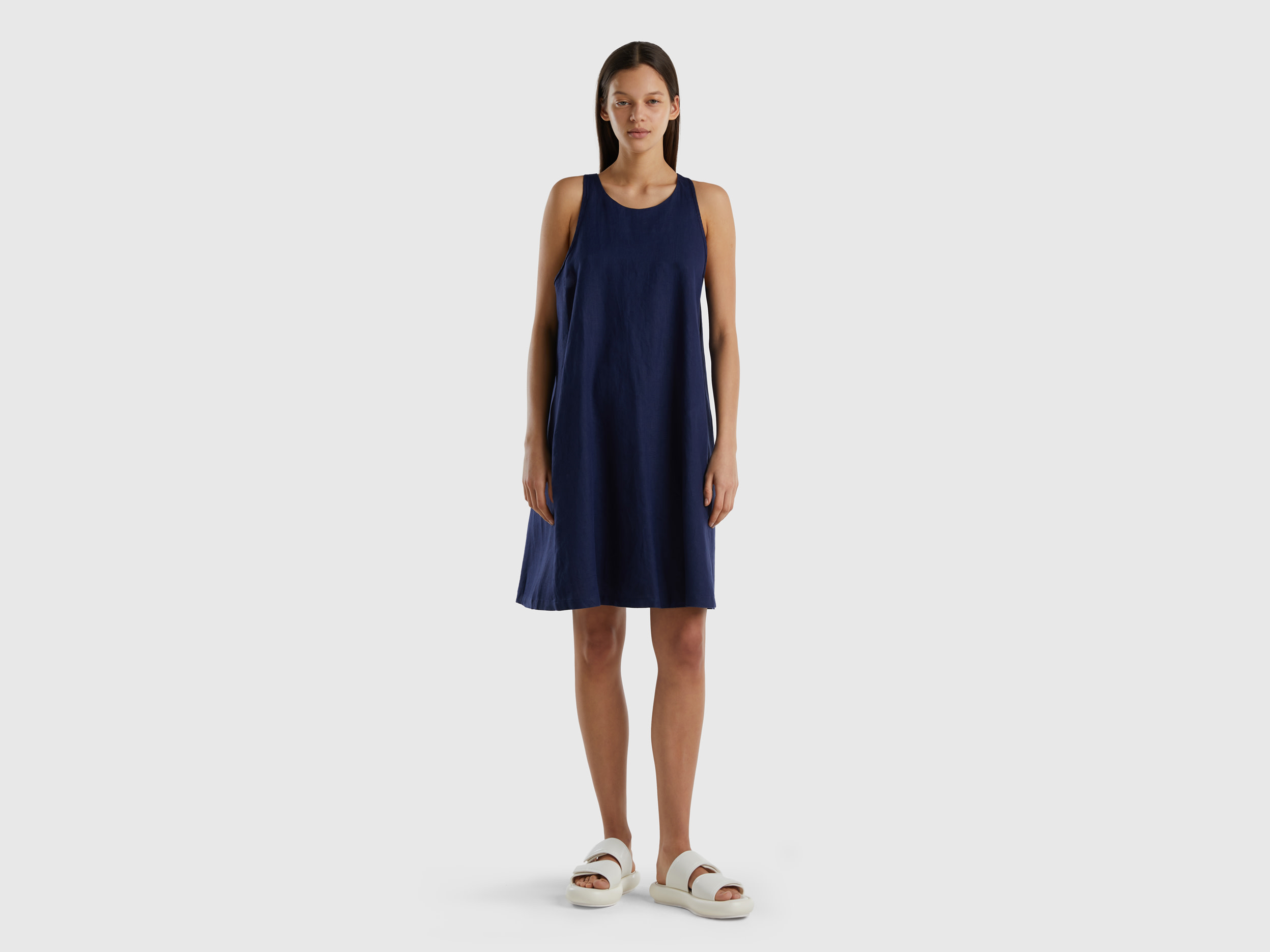 Benetton, Sleeveless Dress In Pure Linen, size XL, Dark Blue, Women