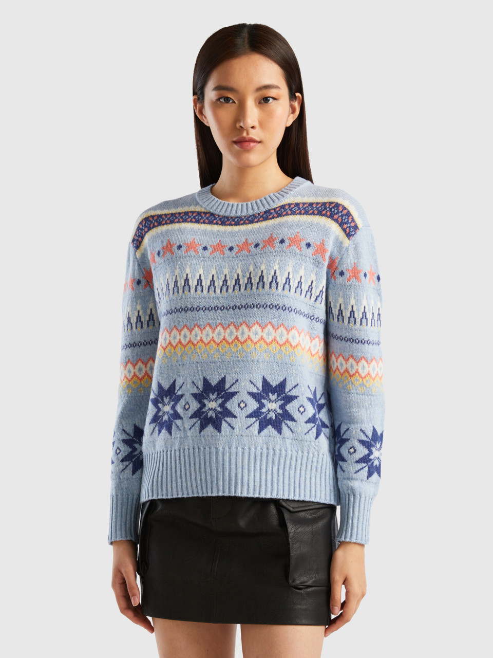 Benetton, Boxy Fit Sweater With Geo Patterns, Light Blue, Women