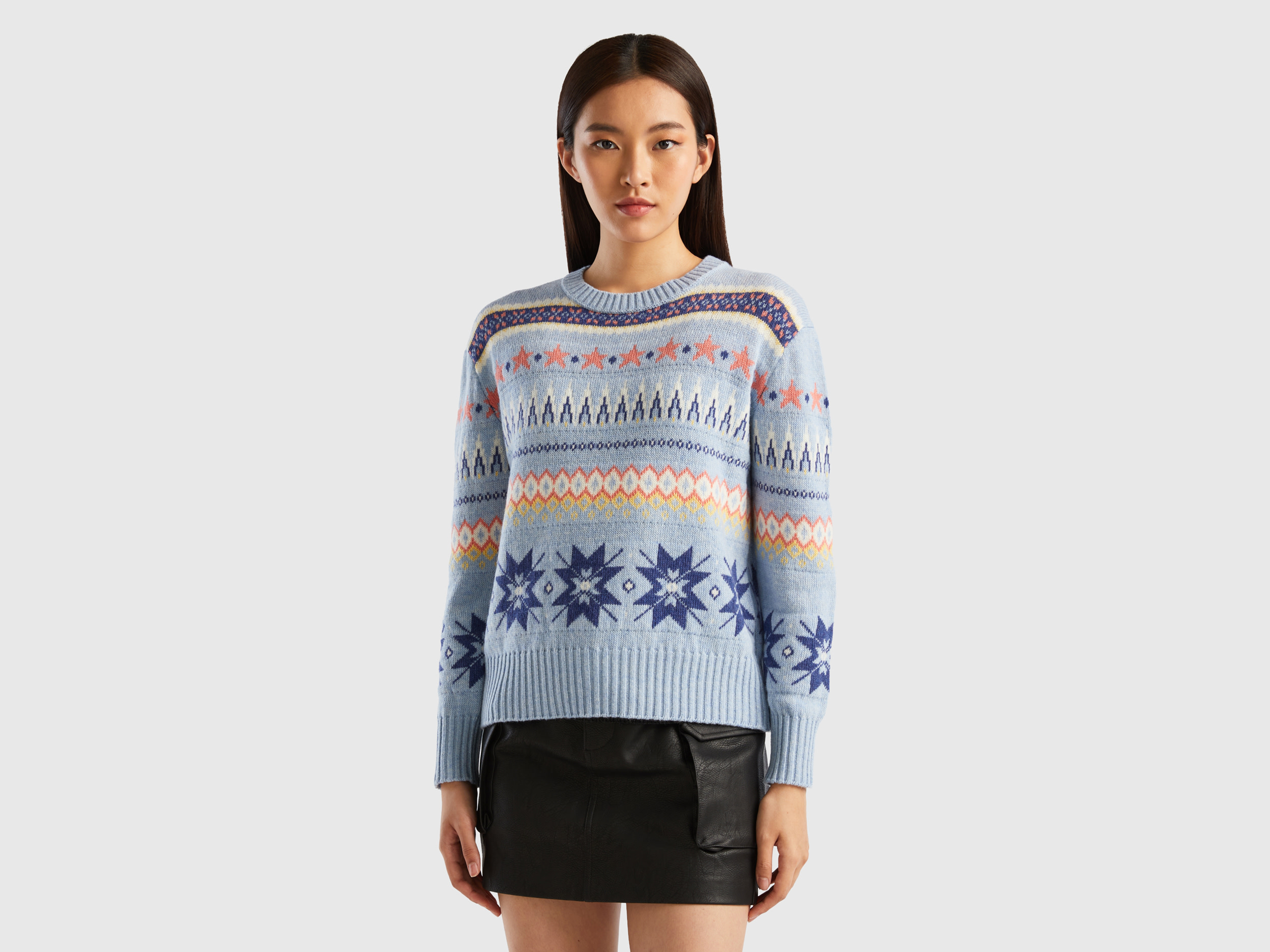 Benetton, Boxy Fit Sweater With Geo Patterns, size XS-S, Light Blue, Women