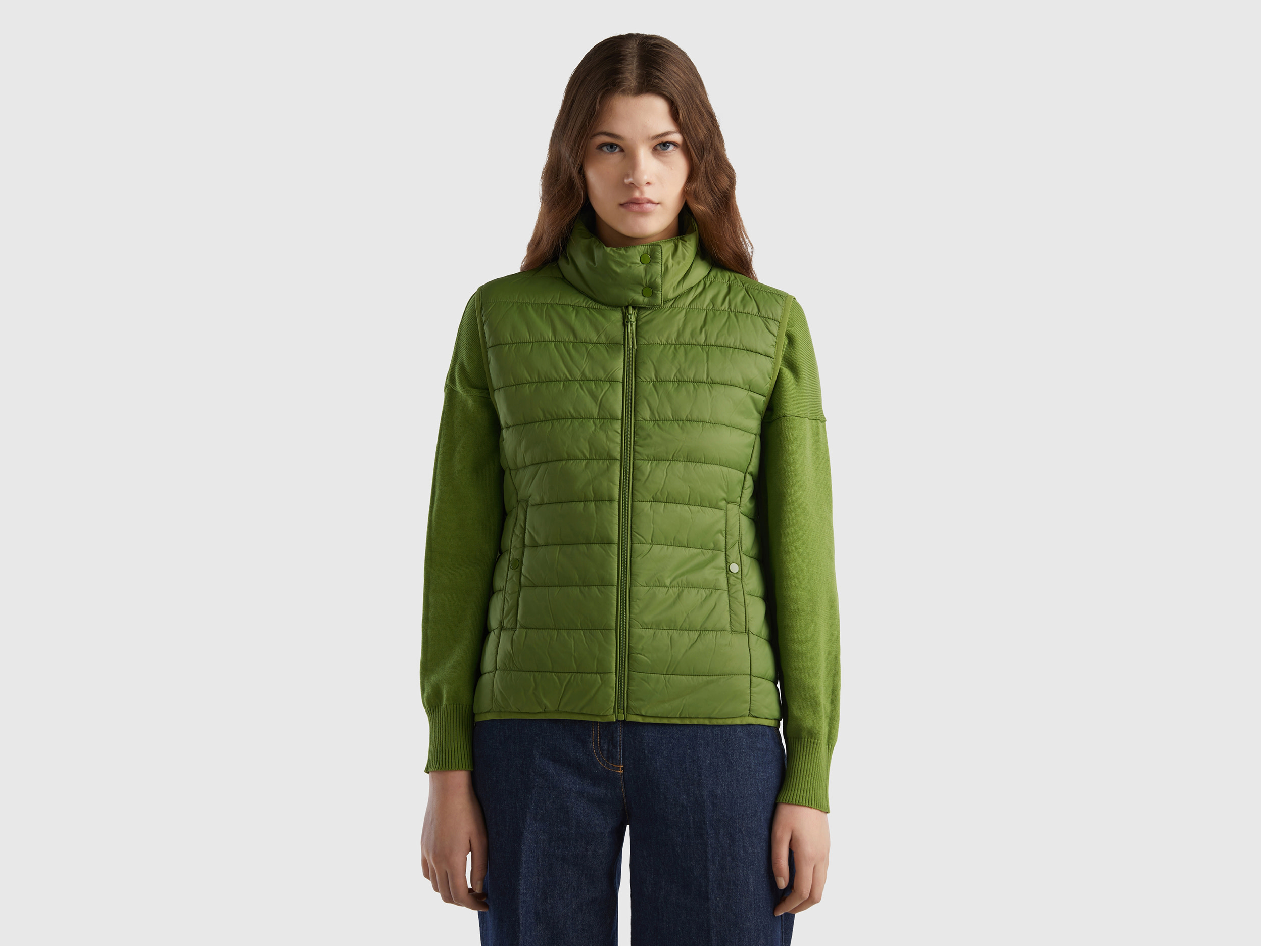 Benetton, Sleeveless Puffer Jacket With Recycled Wadding, size XS, Military Green, Women
