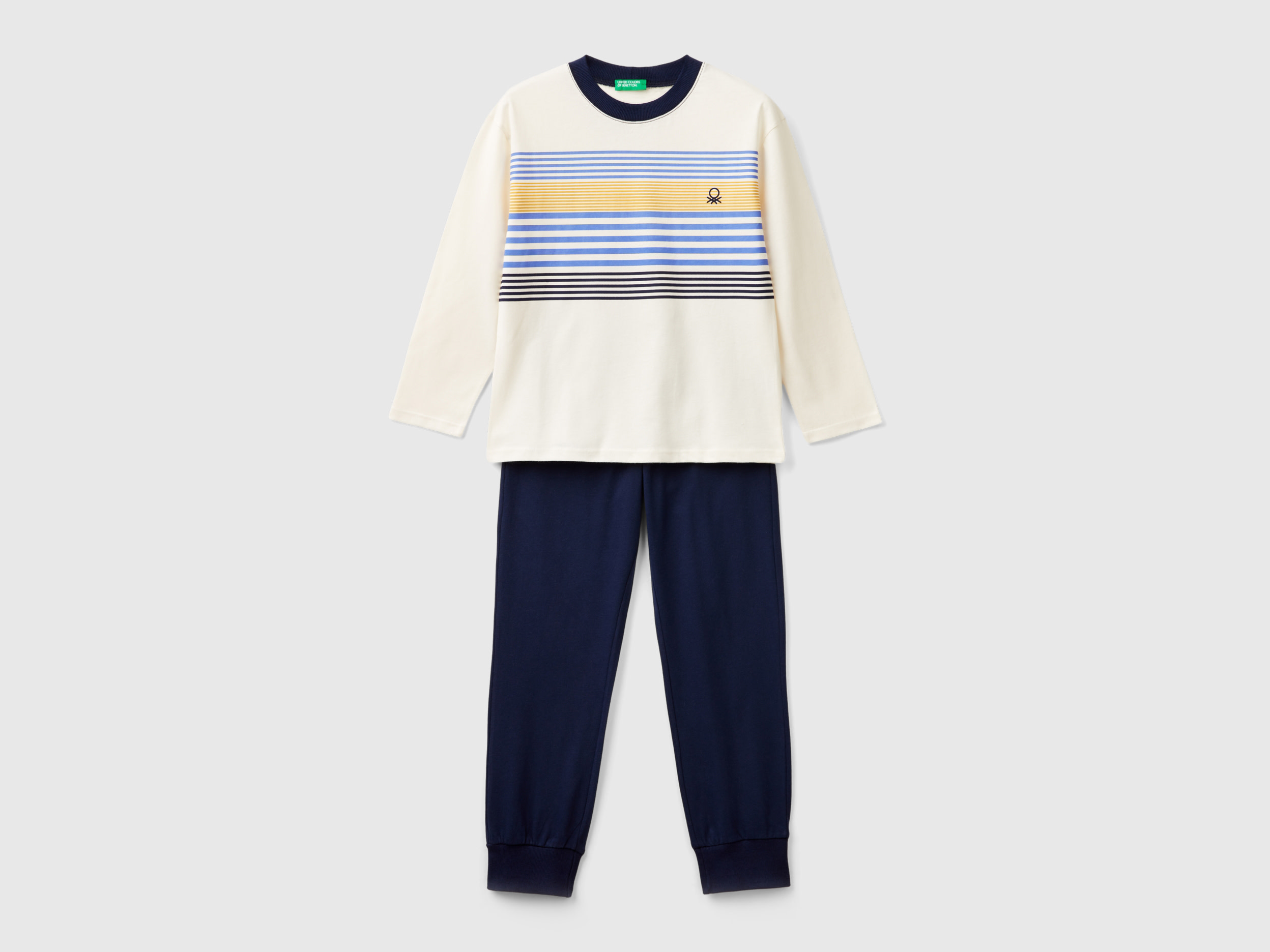 Benetton, Pigiama In Cotone A Fibra Lunga, Bianco Panna, Bambini