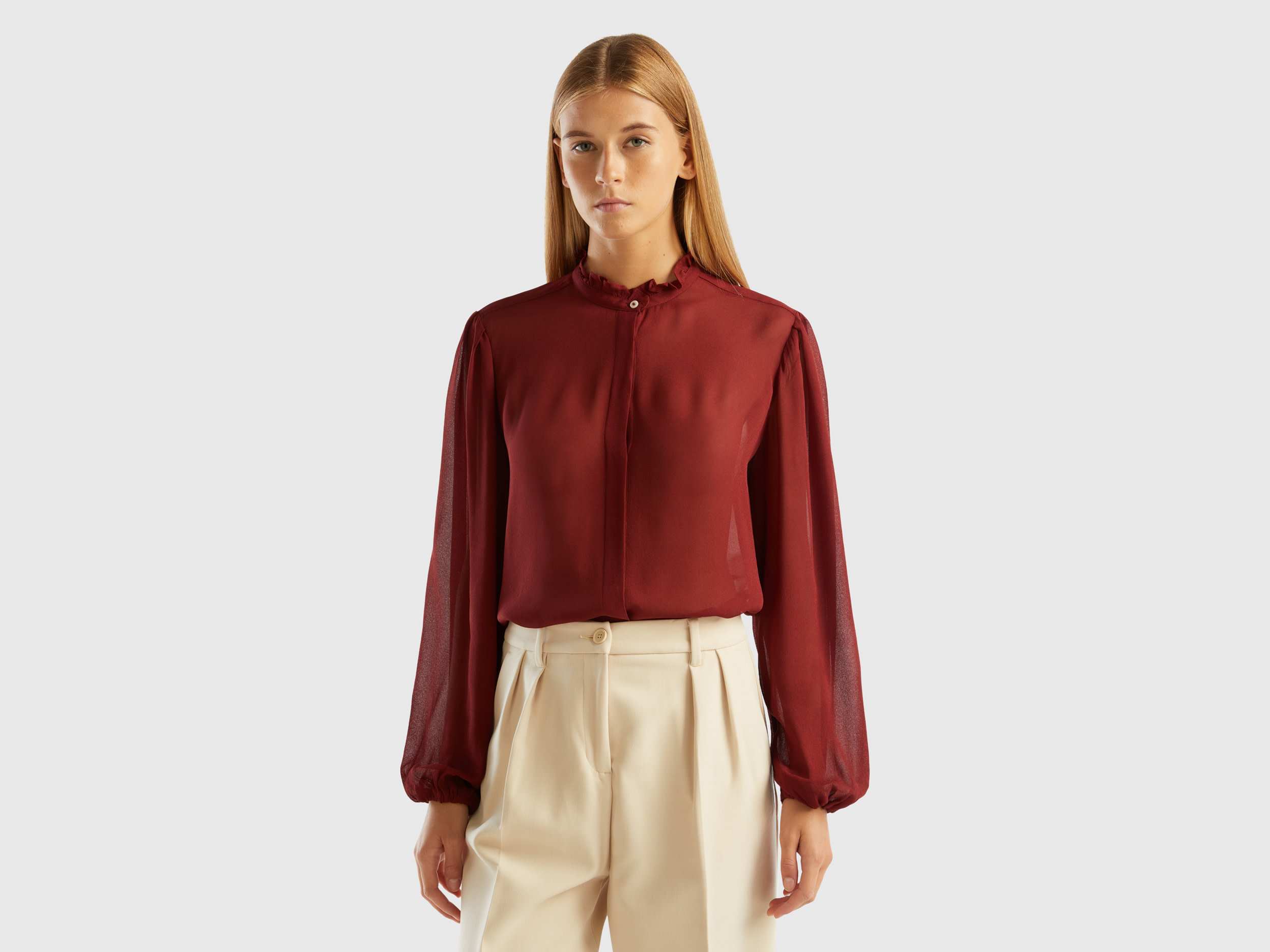 Benetton, Flowy Shirt With Rouches, size S, Burgundy, Women