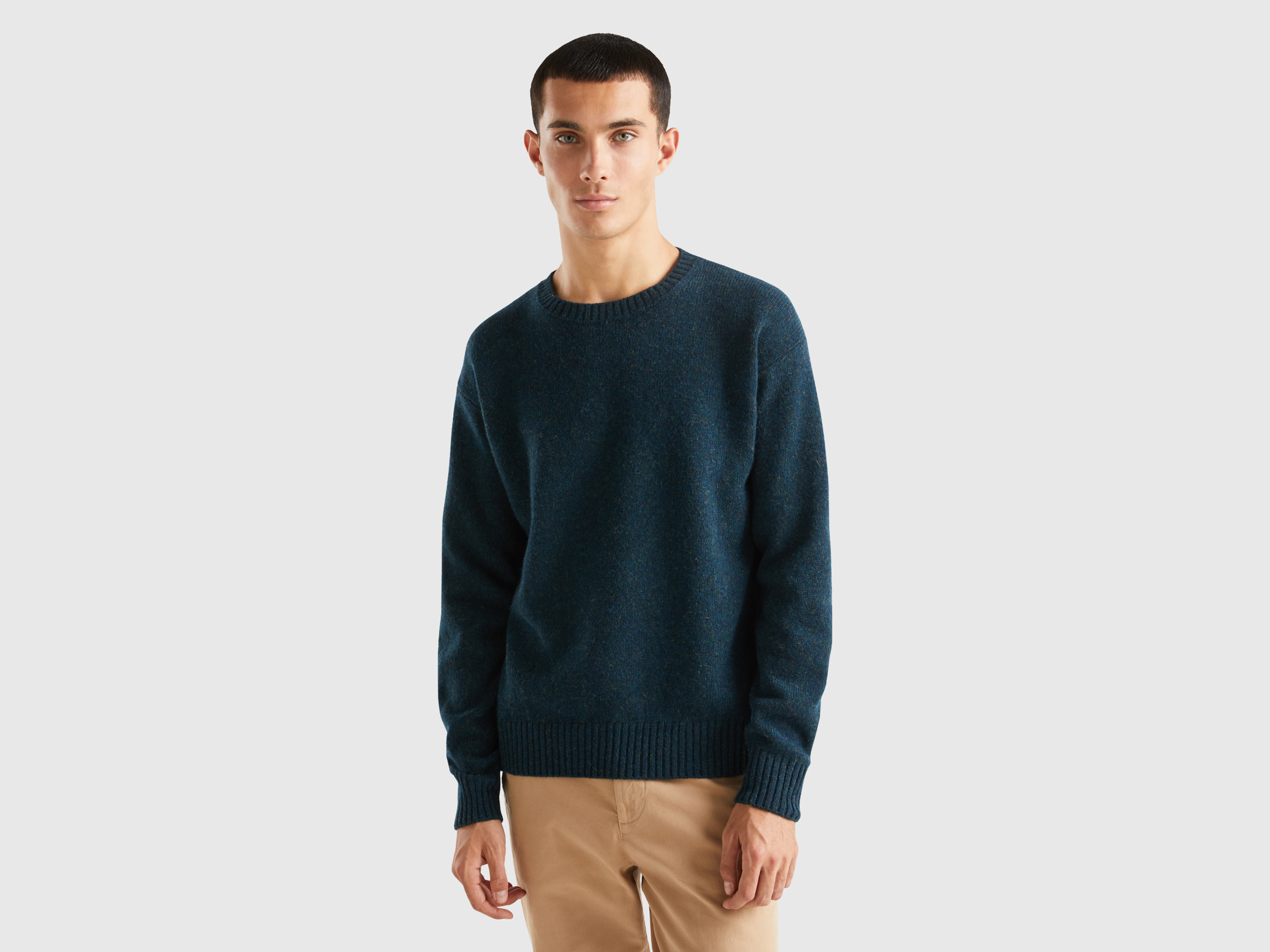 Benetton, Crew Neck Sweater In Pure Shetland Wool, size L, Dark Blue, Men