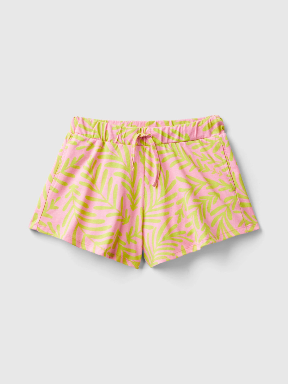 Benetton, Light Pink Shorts With Tropical Print, Soft Pink, Kids