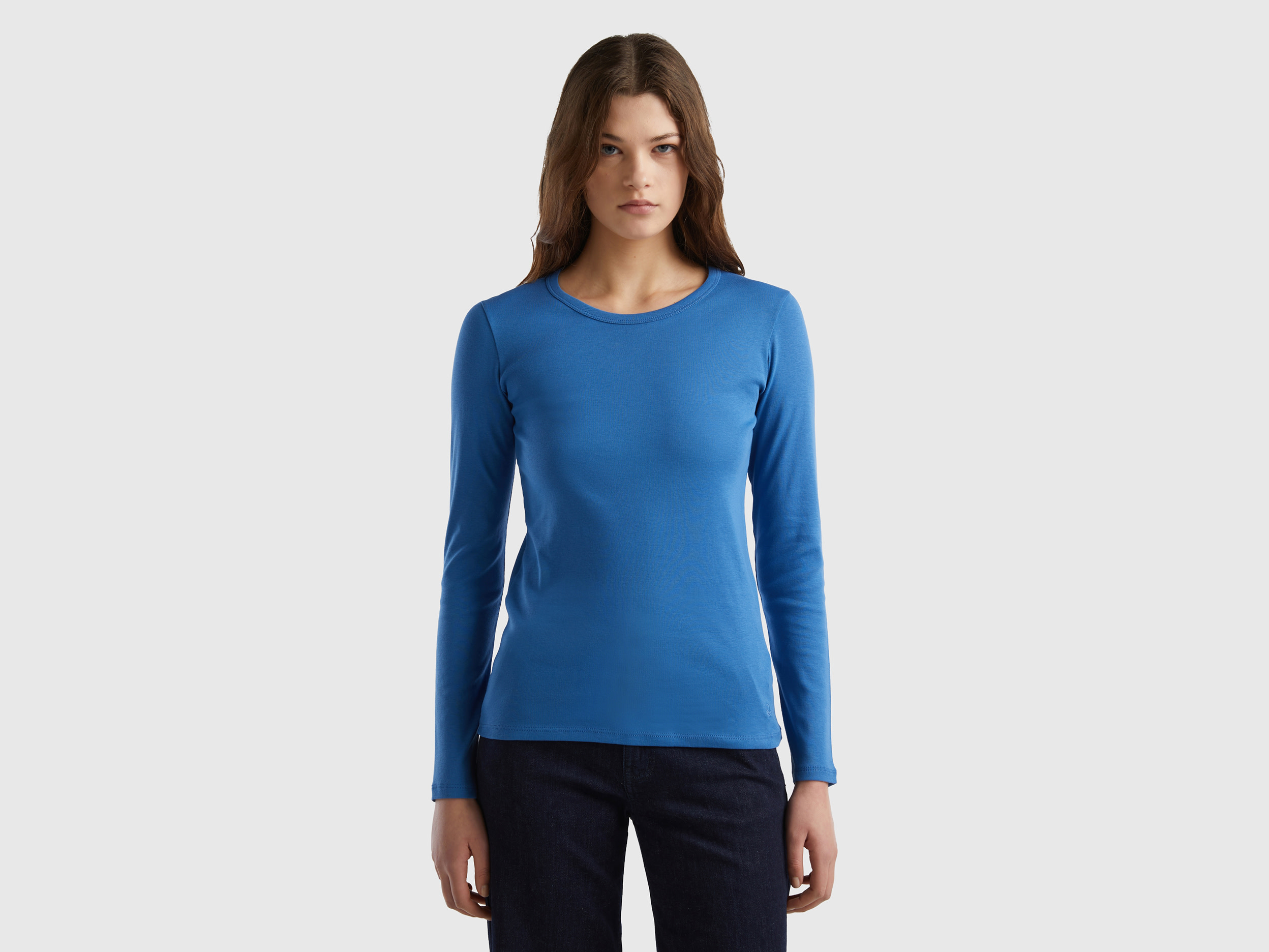 Benetton, Long Sleeve Pure Cotton T-shirt, size S, Blue, Women