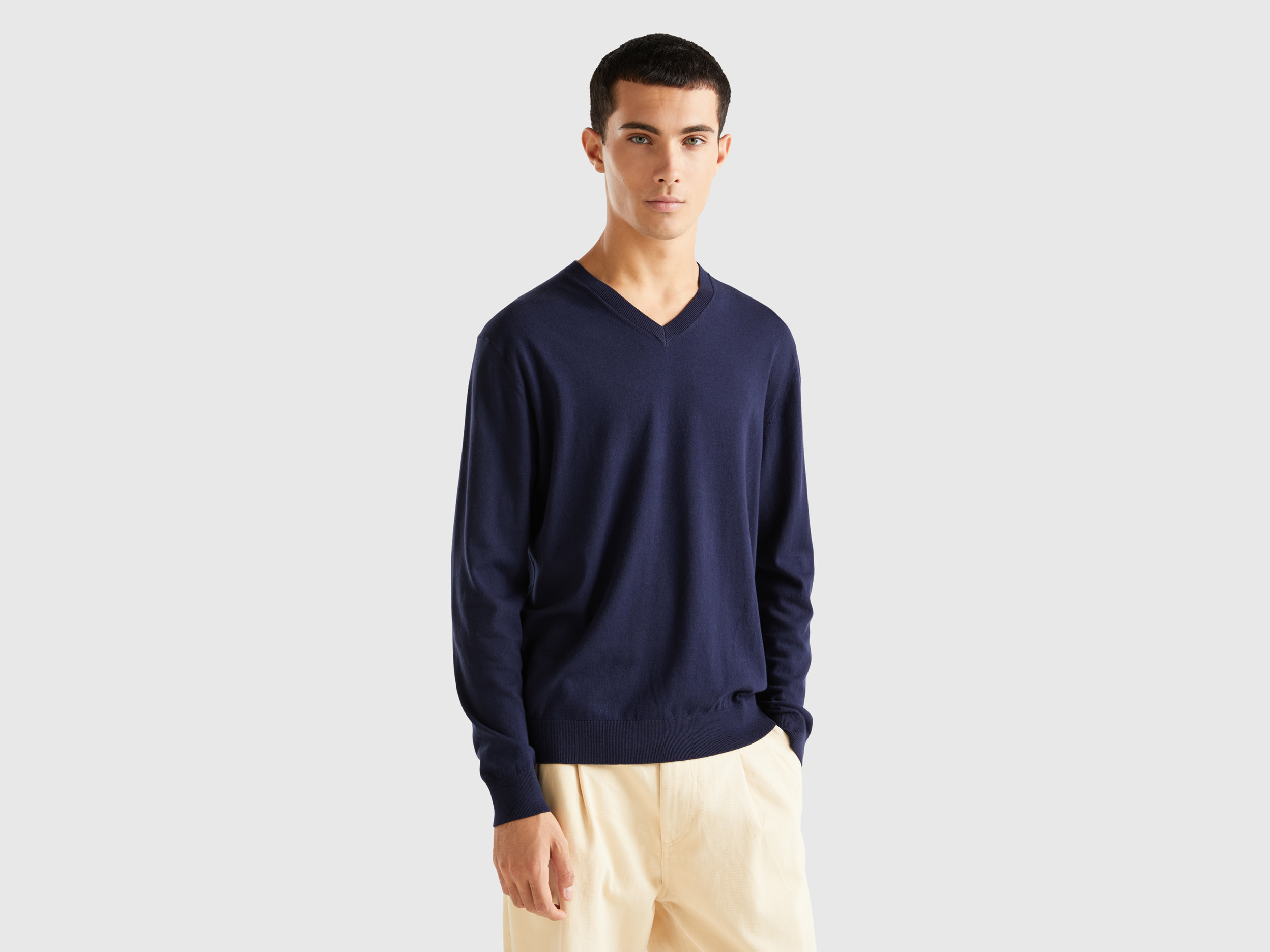 Benetton, V-neck Sweater In Lightweight Cotton Blend, size S, Dark Blue, Men