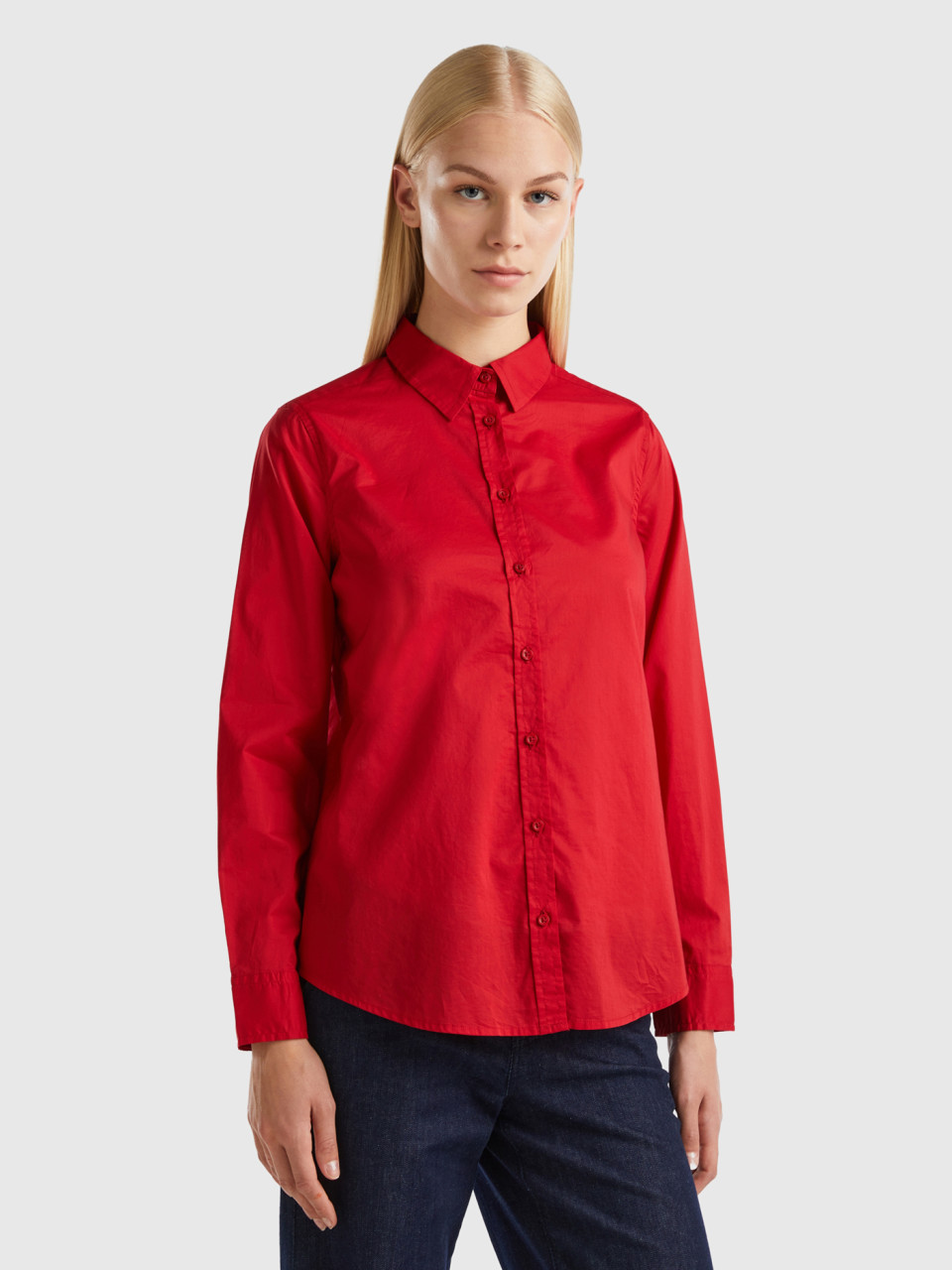 Benetton, Hemdbluse Aus Leichter Baumwolle, Rot, female