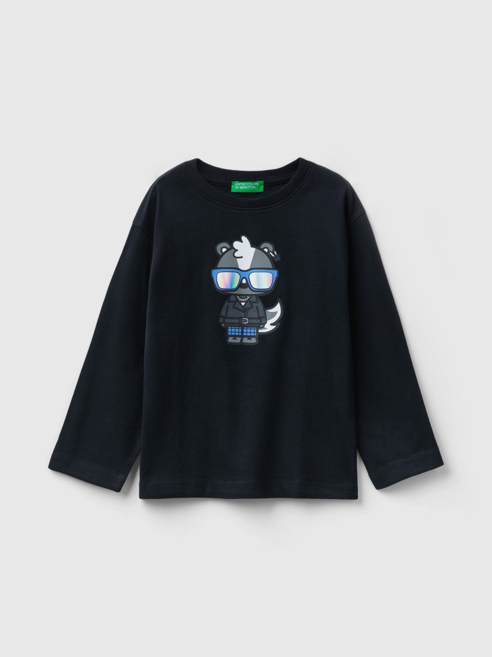 Benetton, T-shirt À Imprimé En Coton À Fibre Longue, Noir, Enfants