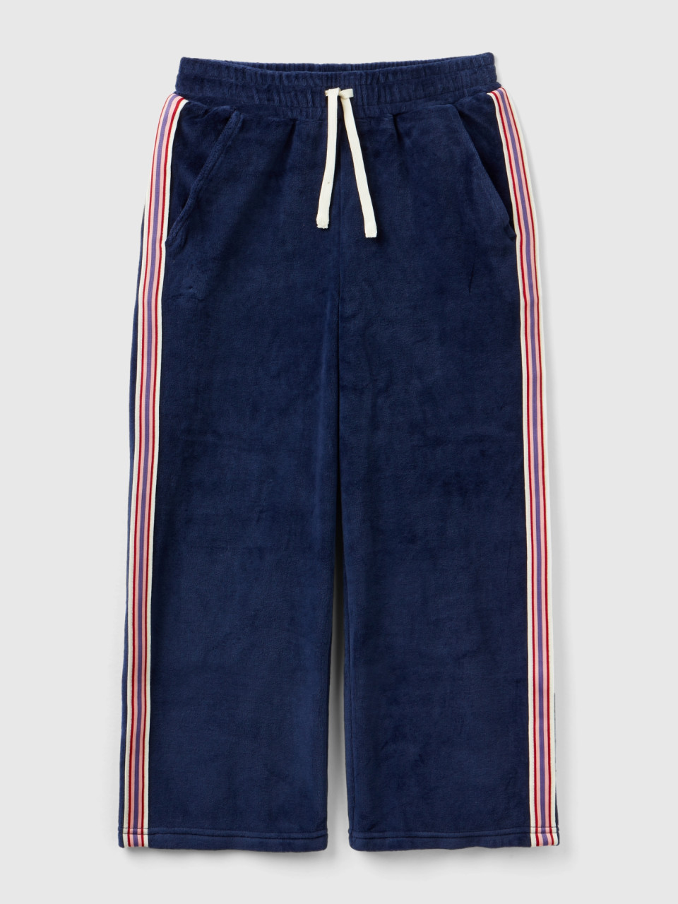 Benetton, Chenille Trousers With Striped Bands, Dark Blue, Kids