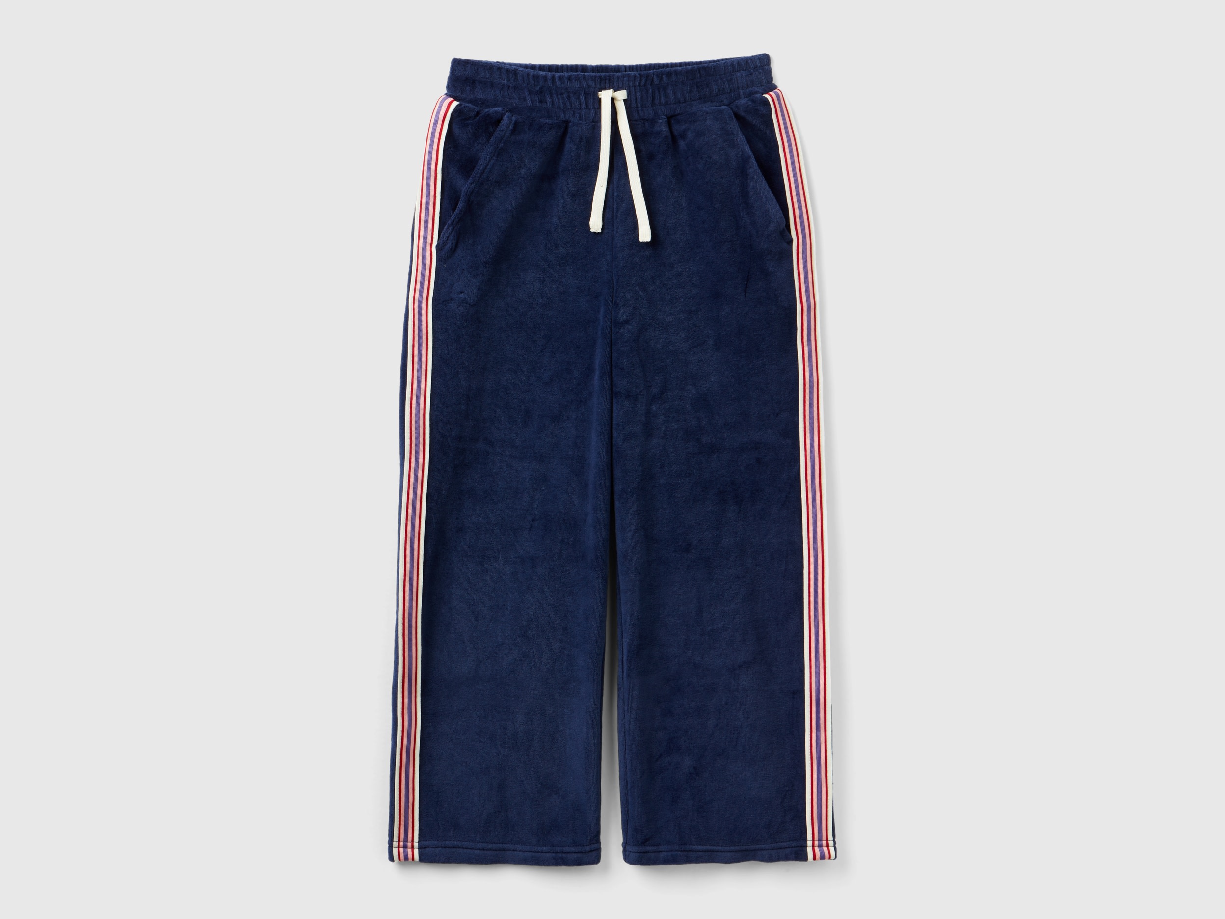 Benetton, Chenille Trousers With Striped Bands, size L, Dark Blue, Kids