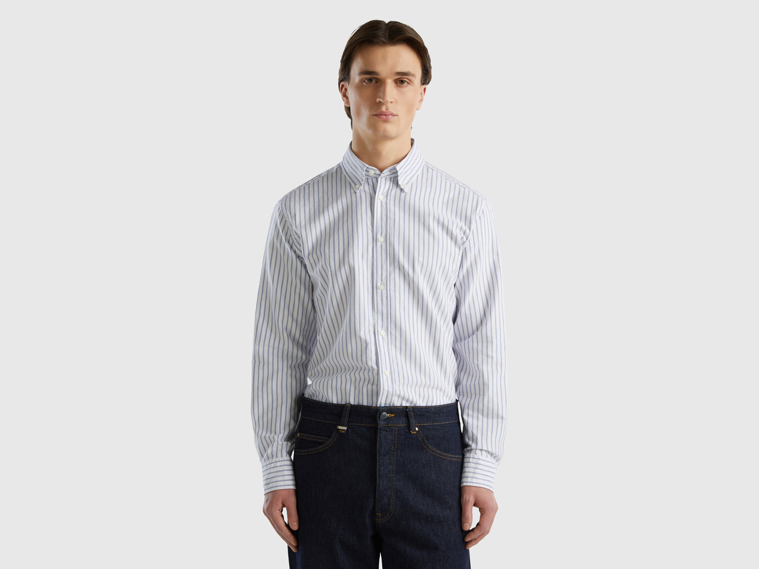 Benetton, 100% Cotton Striped Shirt, size XXL, Light Blue, Men