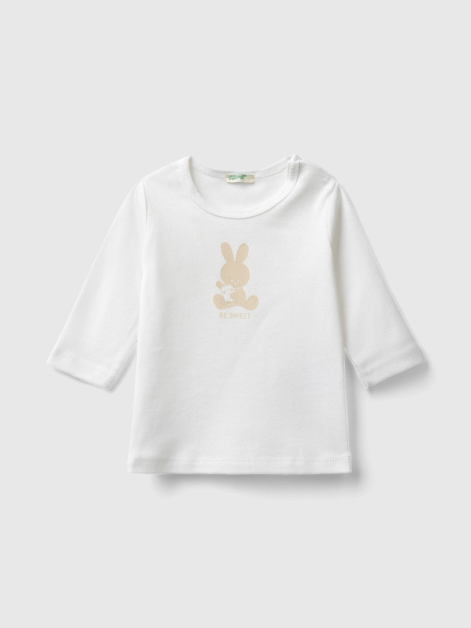 Benetton, Long Sleeve 100% Organic Cotton T-shirt, Creamy White, Kids