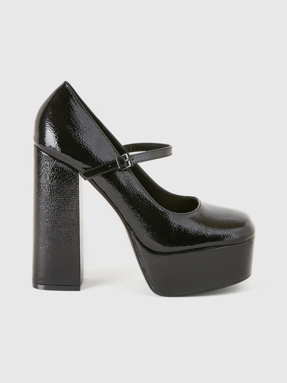 Benetton, Glossy Pumps With Heel And Buckle, Black, Women